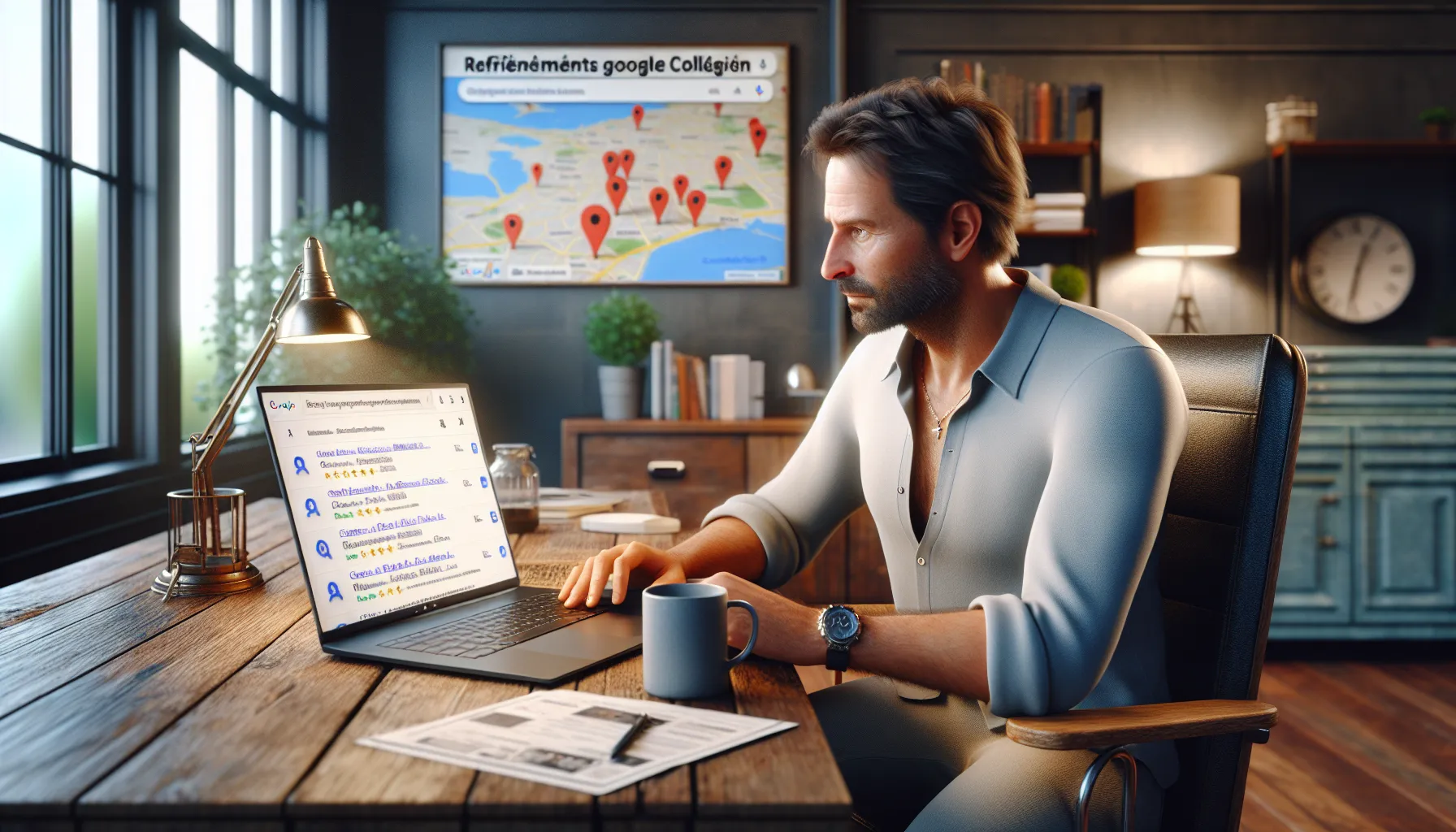 French business owner studies Google local results for Collégien competitors on laptop.