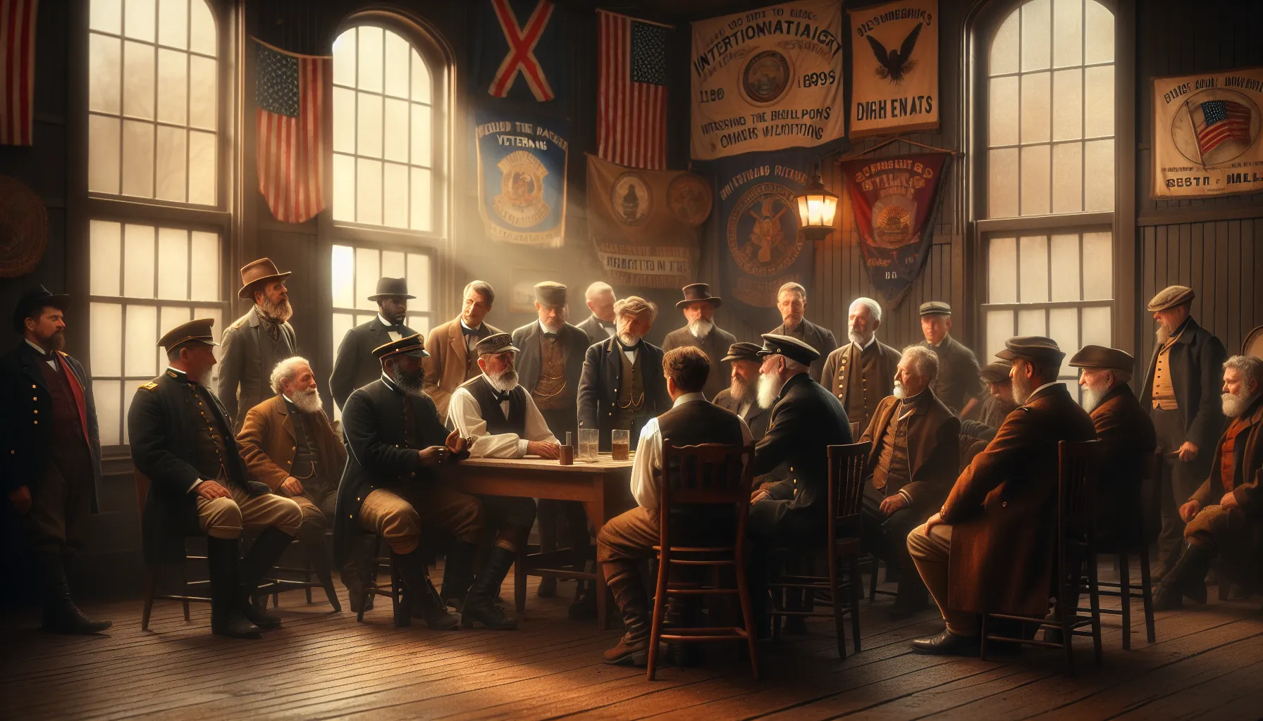 Veterans gathered in an 1890s meeting hall discussing military advocacy issues.