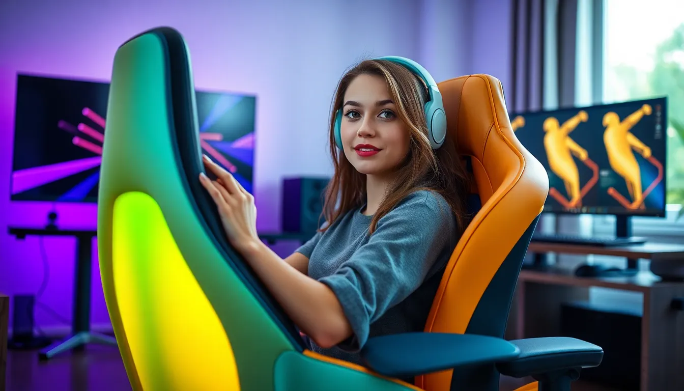 young woman in ergonomic gaming chair with modern gaming setup.