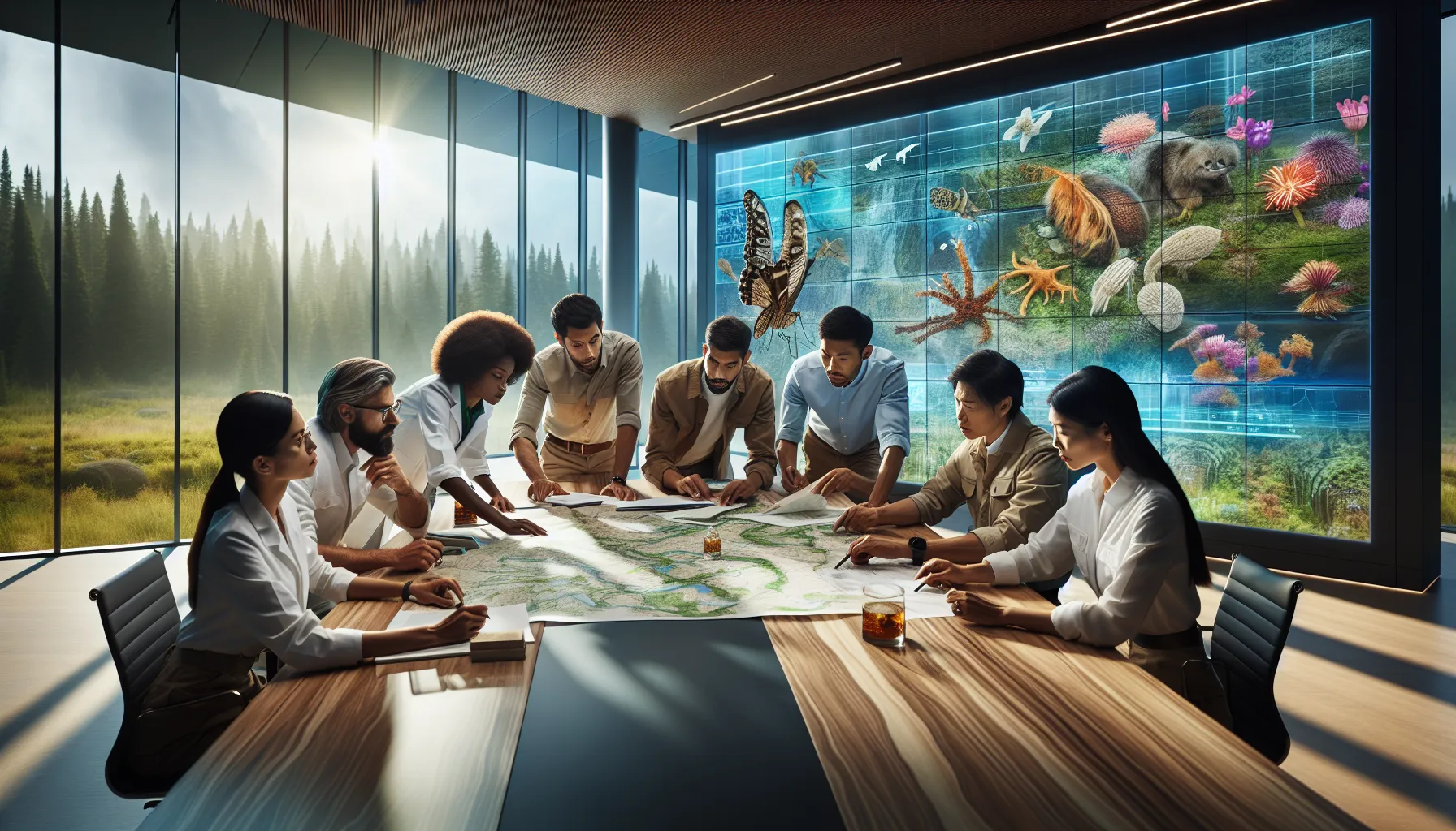 diverse conservation scientists collaborating in a modern office.