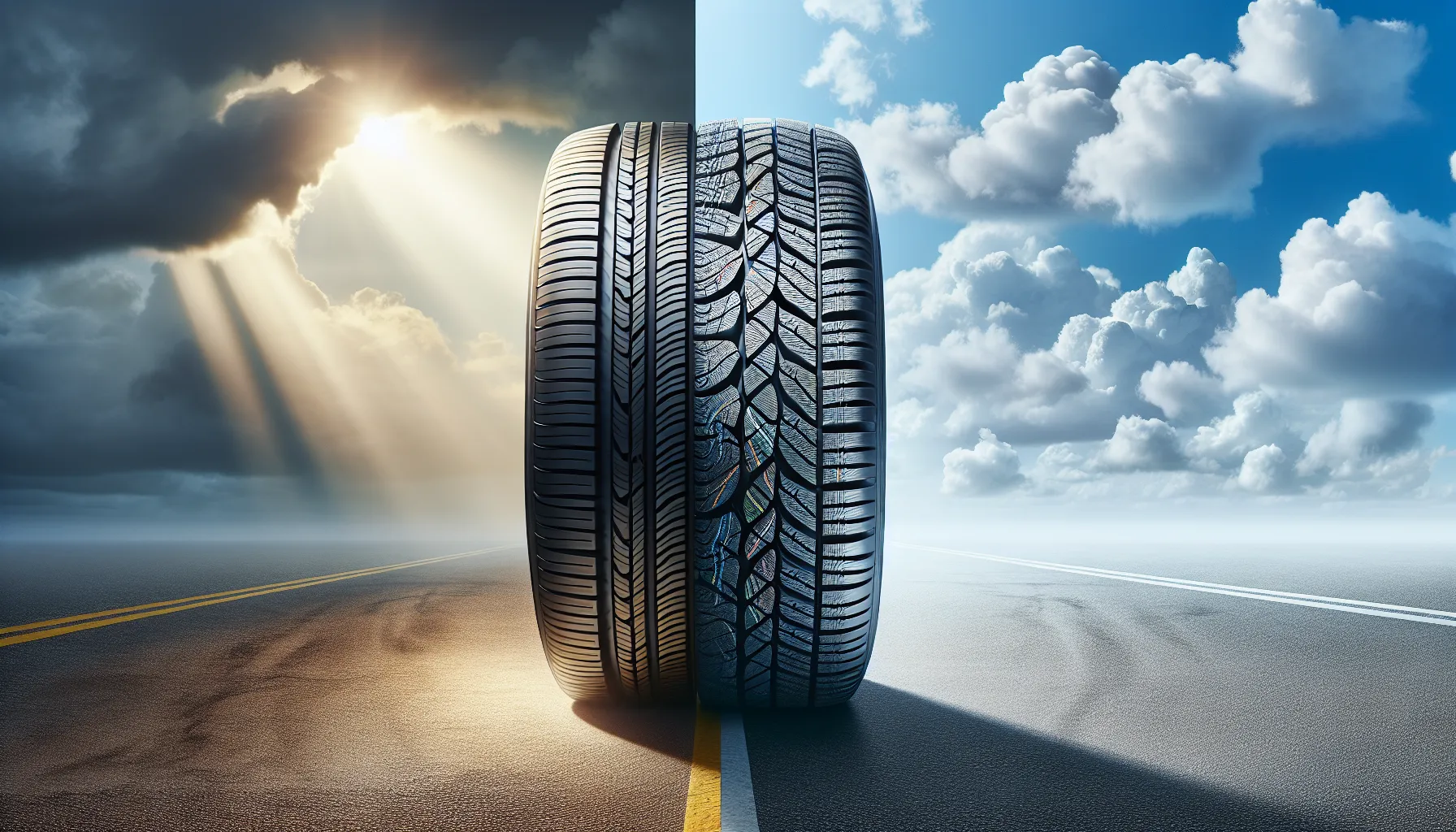 A comparison of summer and all-season car tires with distinct tread designs.