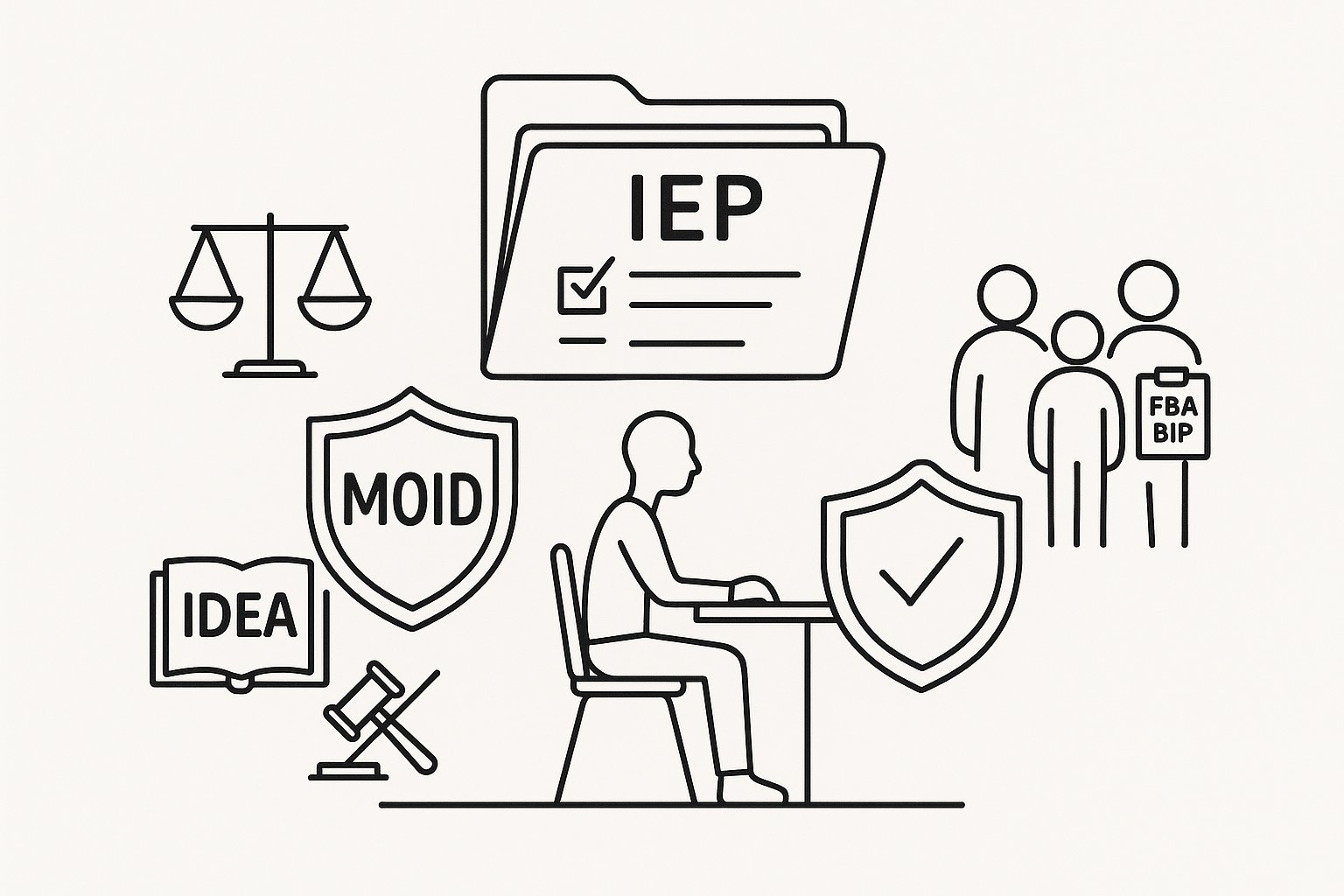 IEP team reviewing a student’s case with a shield labeled “MOID”. - MOID In Special Education What It Means How Its Determined And What Parents Should Do