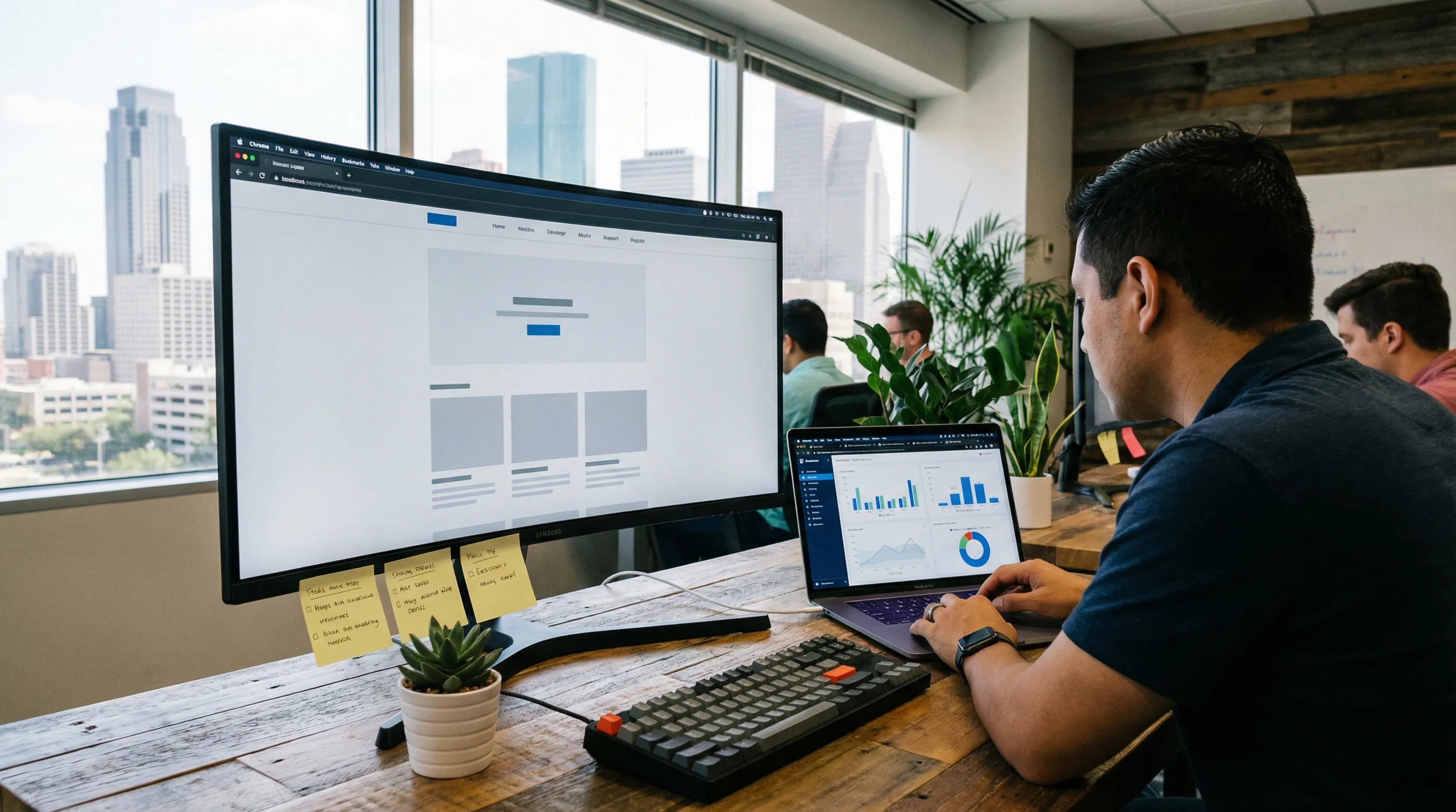 Developer reviewing analytics and a cleanly structured website layout on screens in an office overlooking Houston buildings.