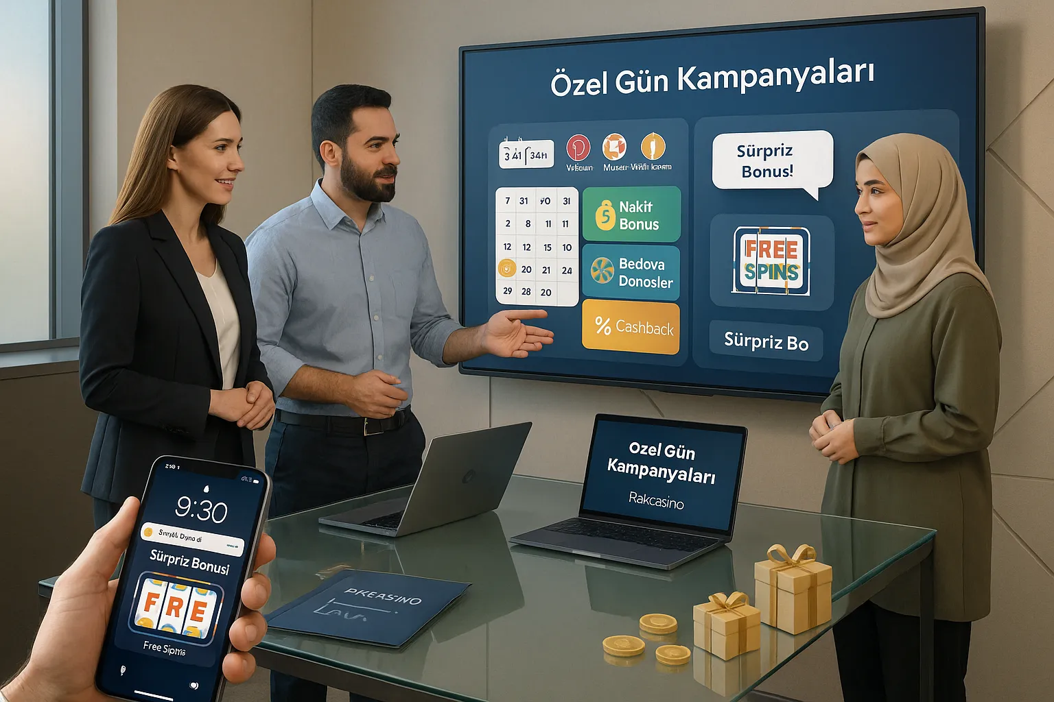 Pazarlama ekibi Raxcasino kampanyalarını planlarken bir toplantı görüntüsü.