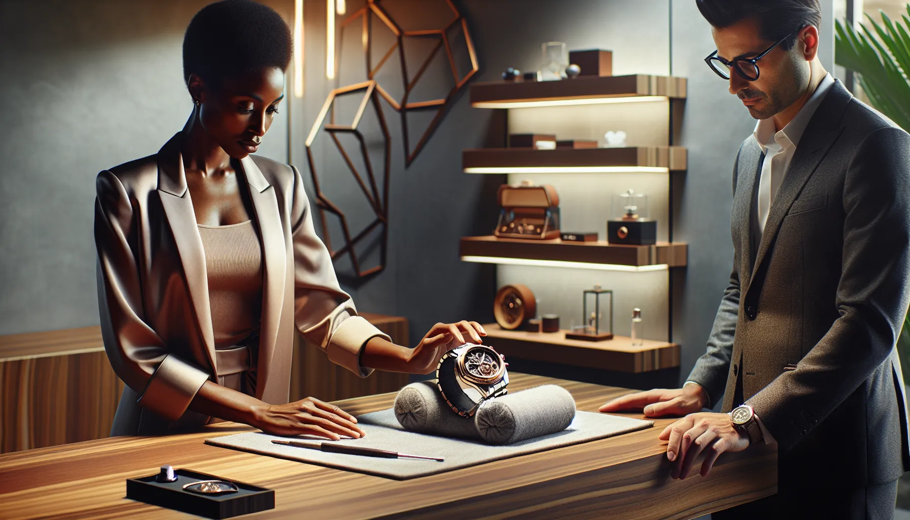 diverse team discussing watch maintenance in a modern office.