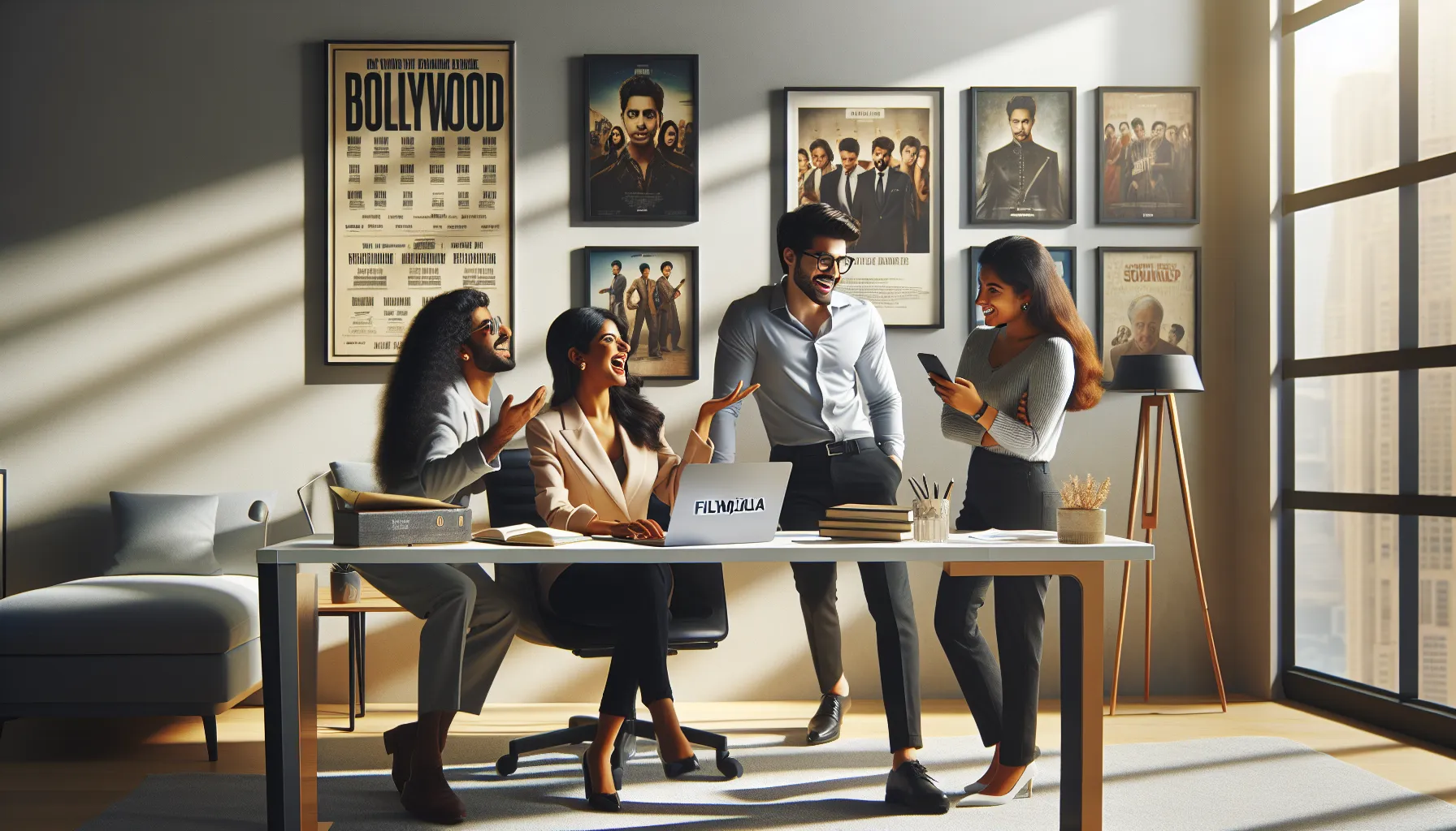 diverse professionals discussing Bollywood films in a modern office.