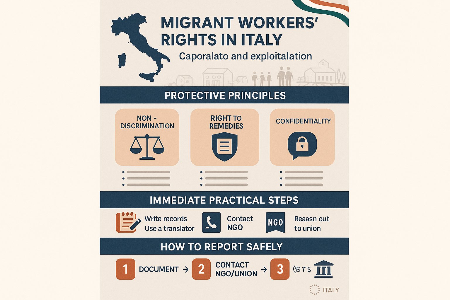 Infografica che mostra i diritti dei lavoratori migranti e i passi per denunciare lo sfruttamento lavorativo in Italia.