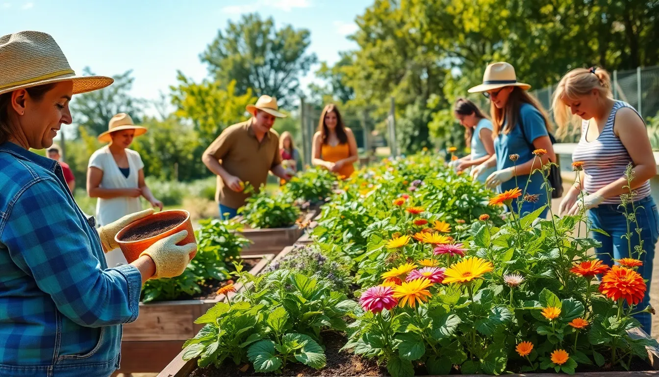 diverse group gardening sustainably in a community garden.