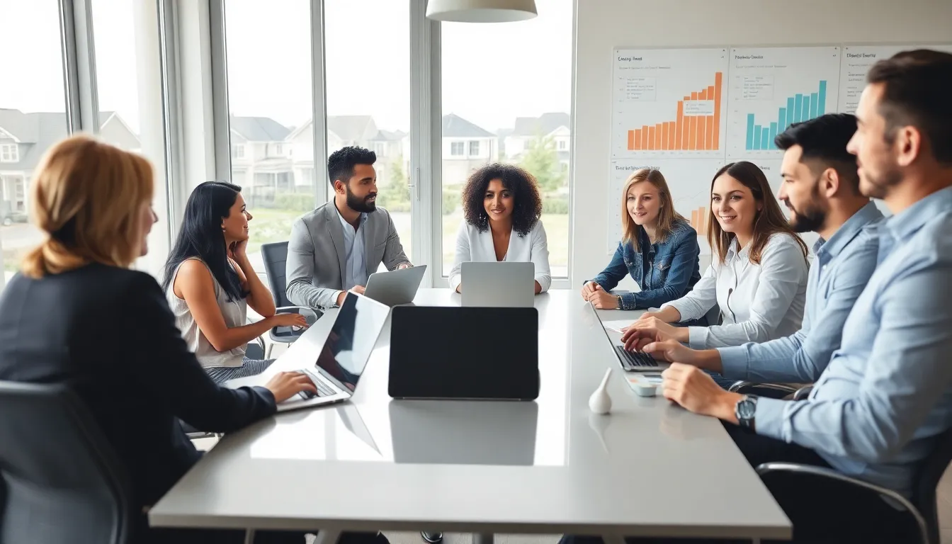 diverse team discussing real estate trends in a modern office.