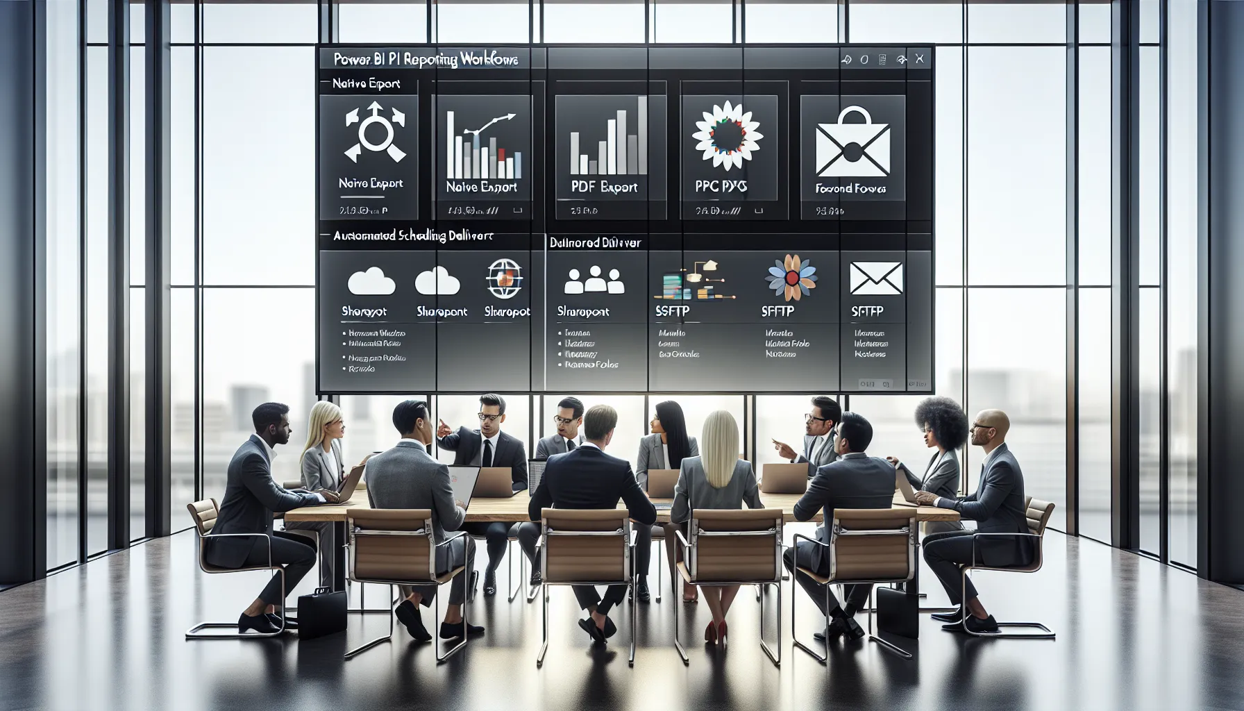 Analytics team reviewing Power BI PDF export and scheduling options in a modern office.