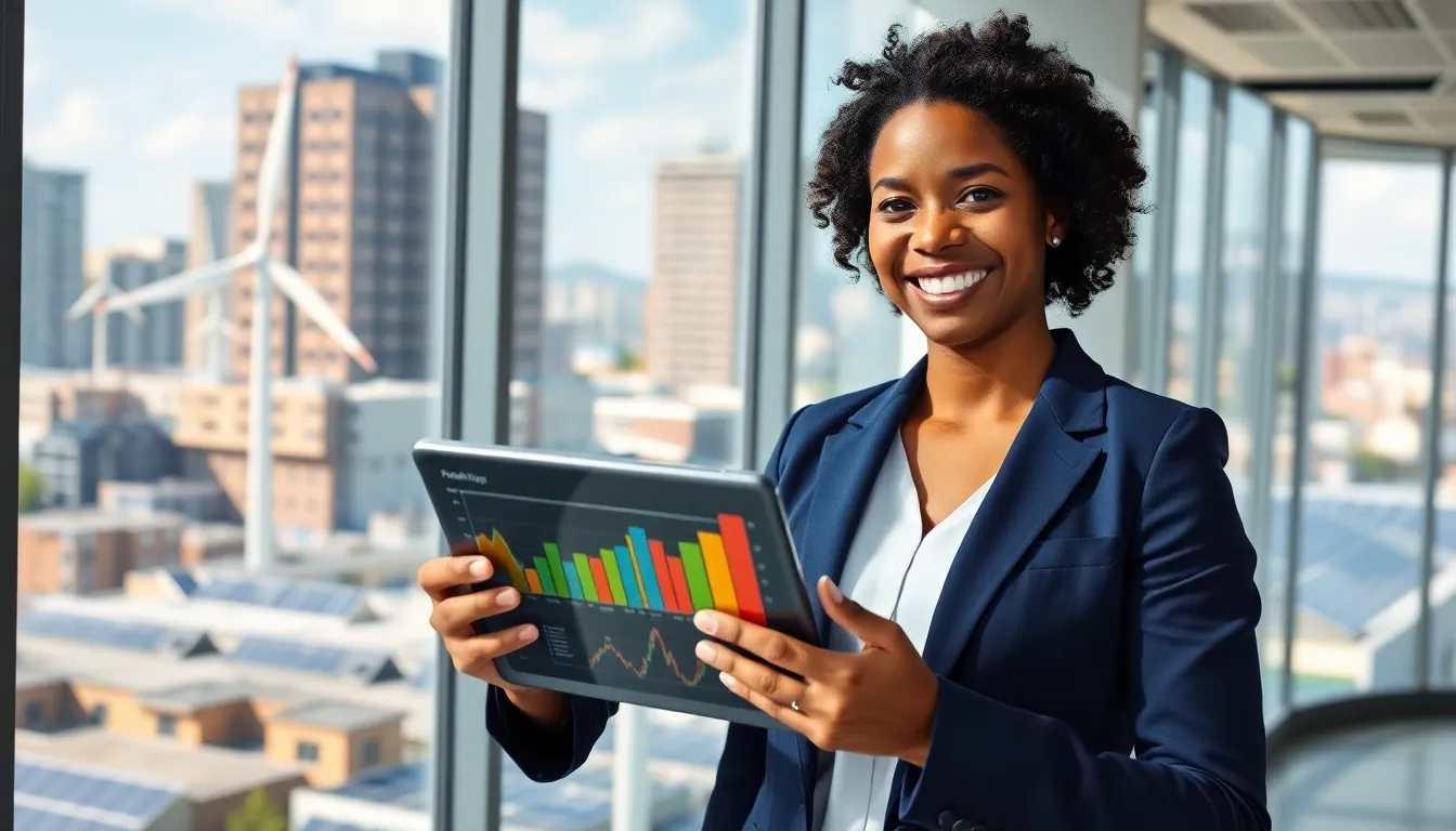 Naomi Bennett in a modern office promoting renewable energy solutions.