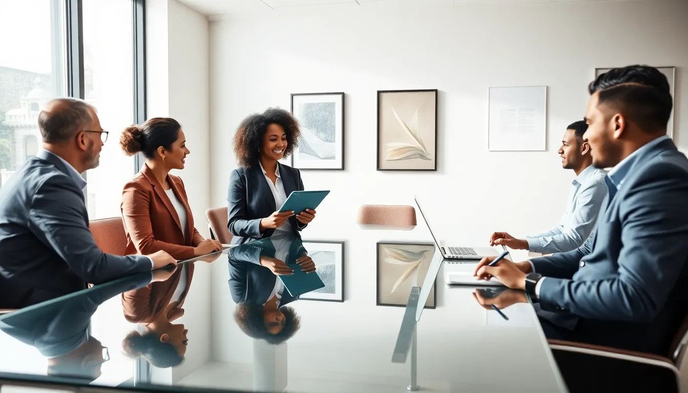 diverse professionals discussing themes of a book in a modern office.