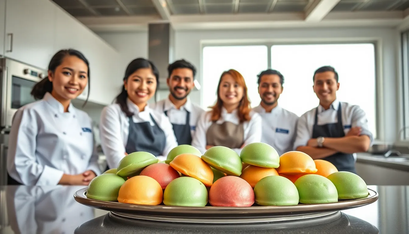 team showcasing mochi cookies in a modern kitchen setting.