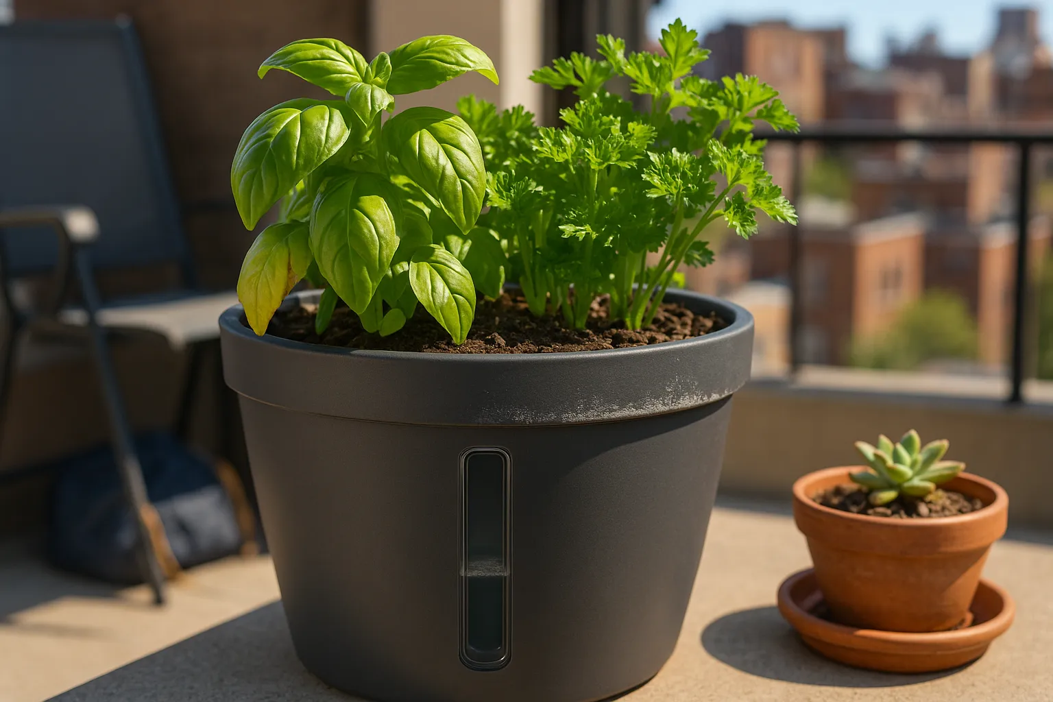 A self-watering pot with healthy herbs and salt crust, balcony in sunlight.