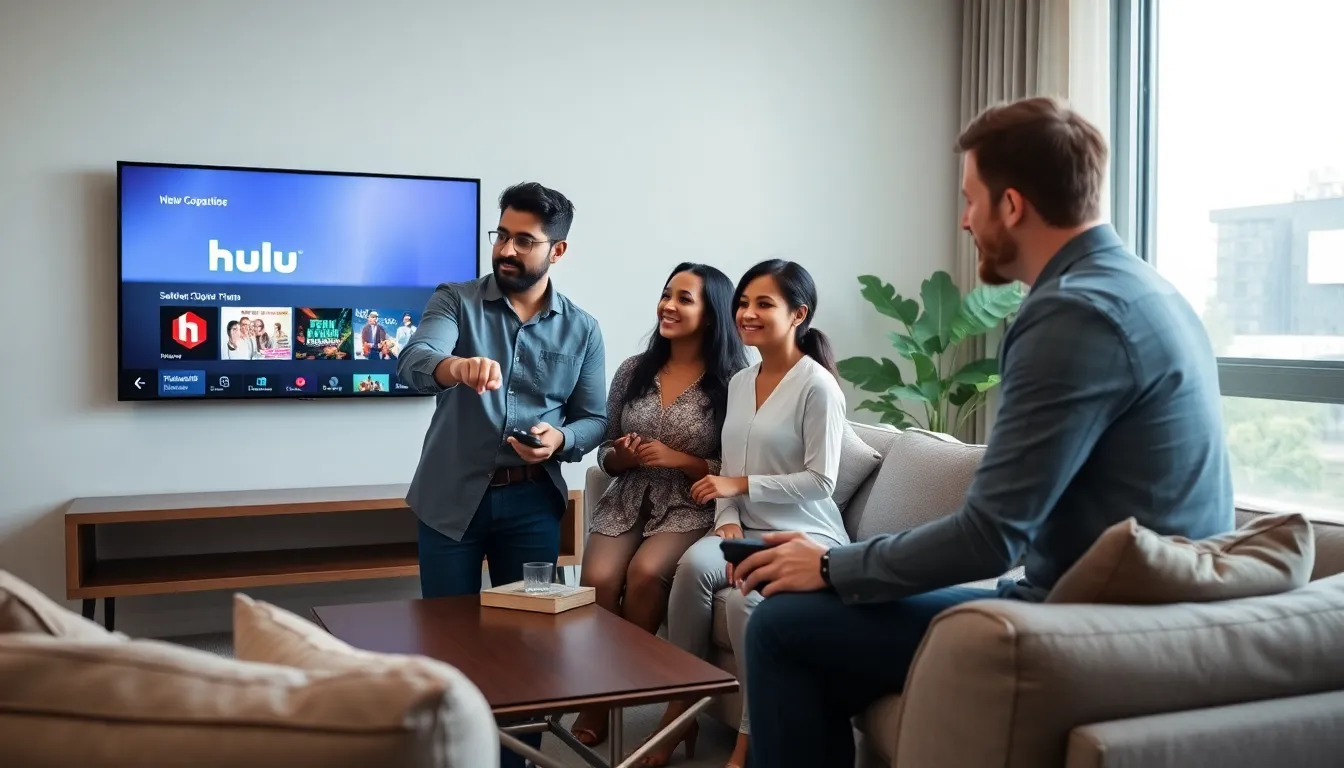 Friends discussing Hulu content in a modern living room.