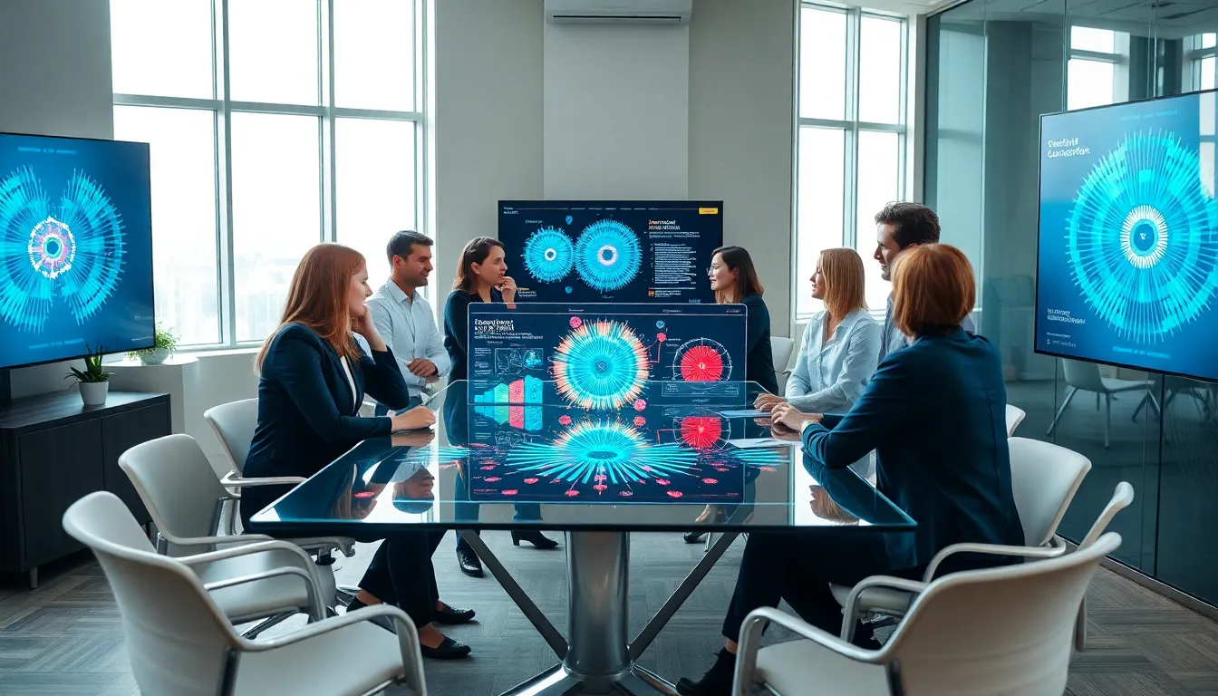 diverse professionals brainstorming in a modern office setting.