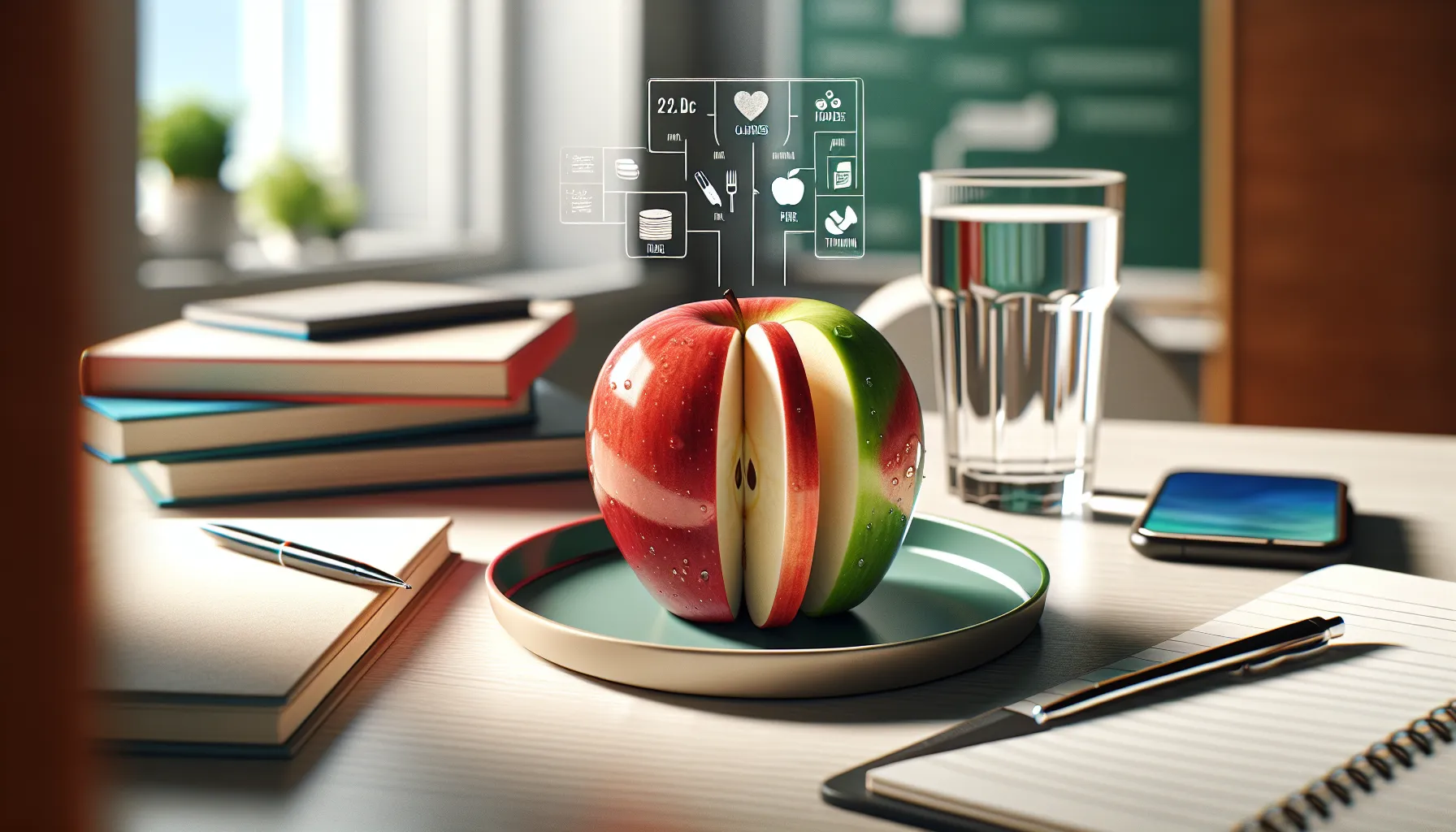 Fresh apple sliced on a plate beside textbooks and a glass of water.