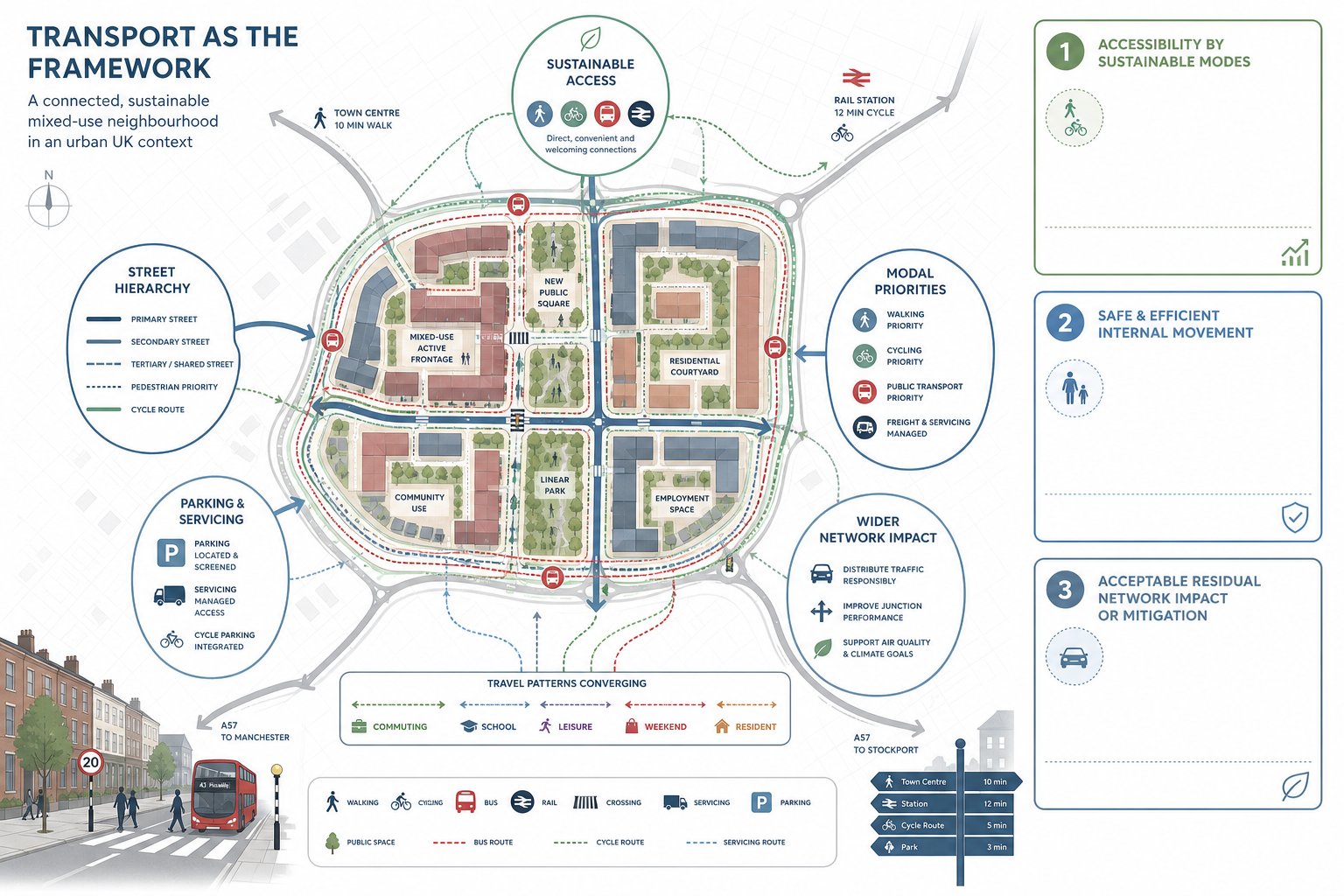 Infographic of a mixed-use masterplan transport framework for a UK development.