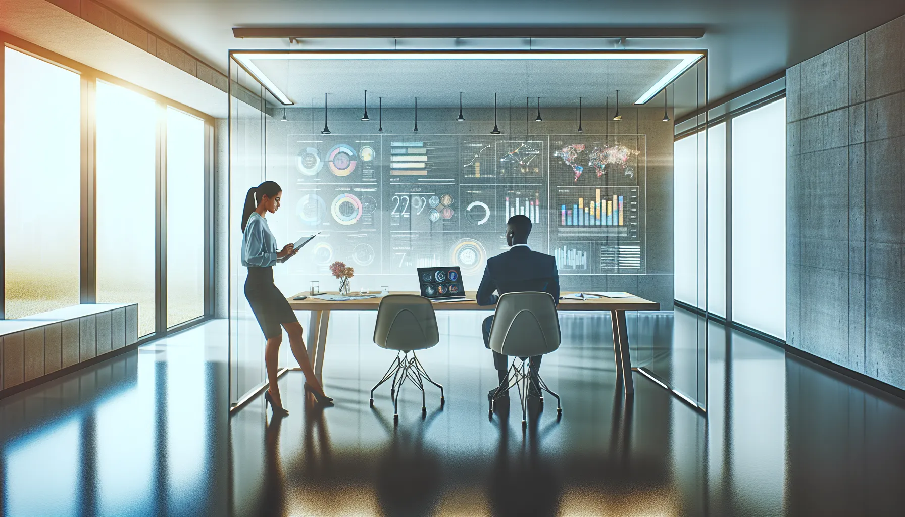 diverse professionals collaborating over a laptop in a modern workspace.