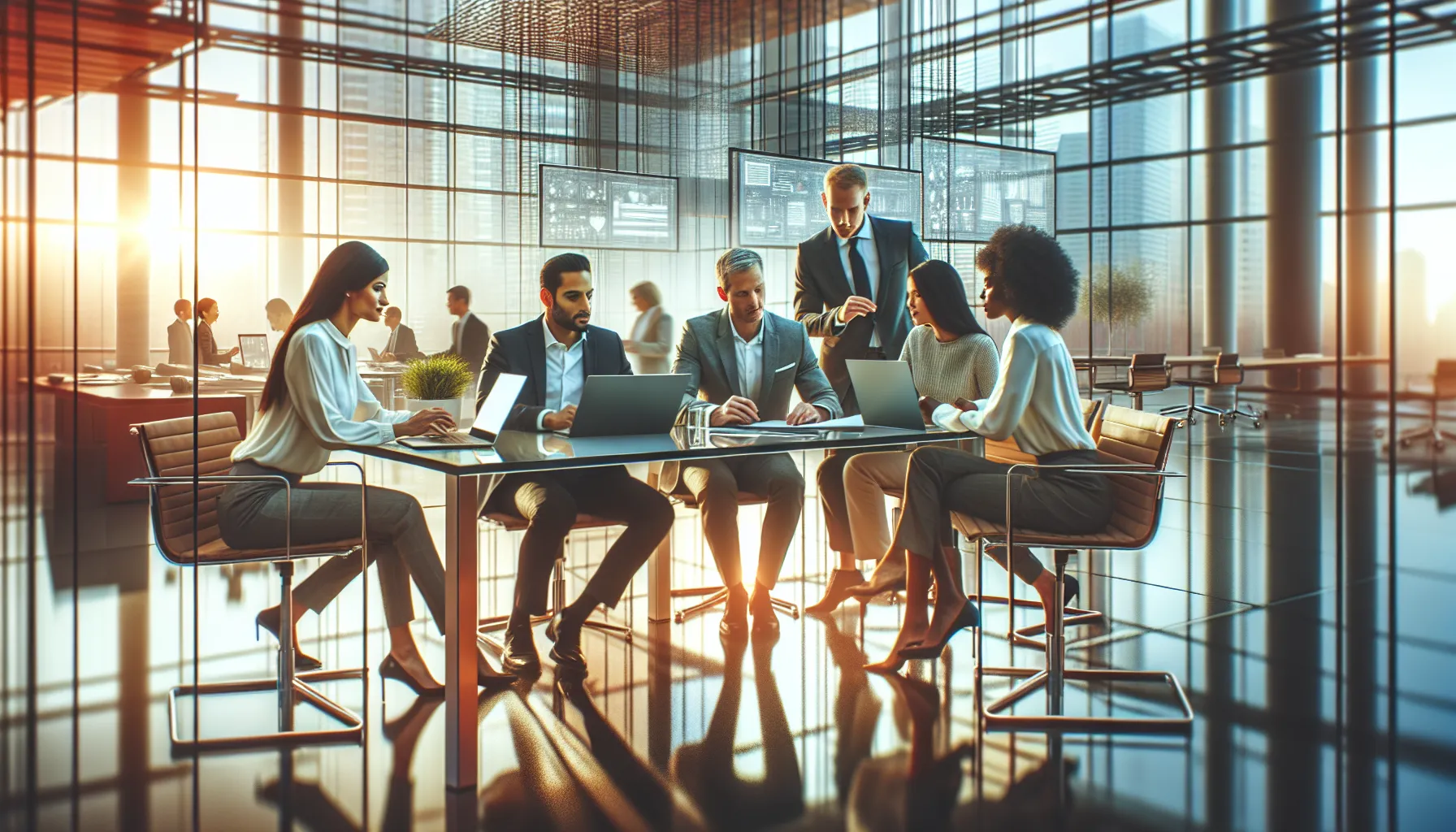 diverse professionals collaborating in a modern office on technology innovations.