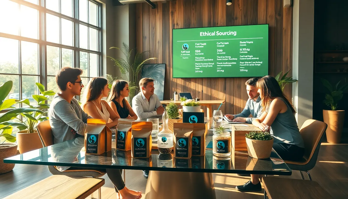 diverse team discussing sustainable coffee products in a modern café.