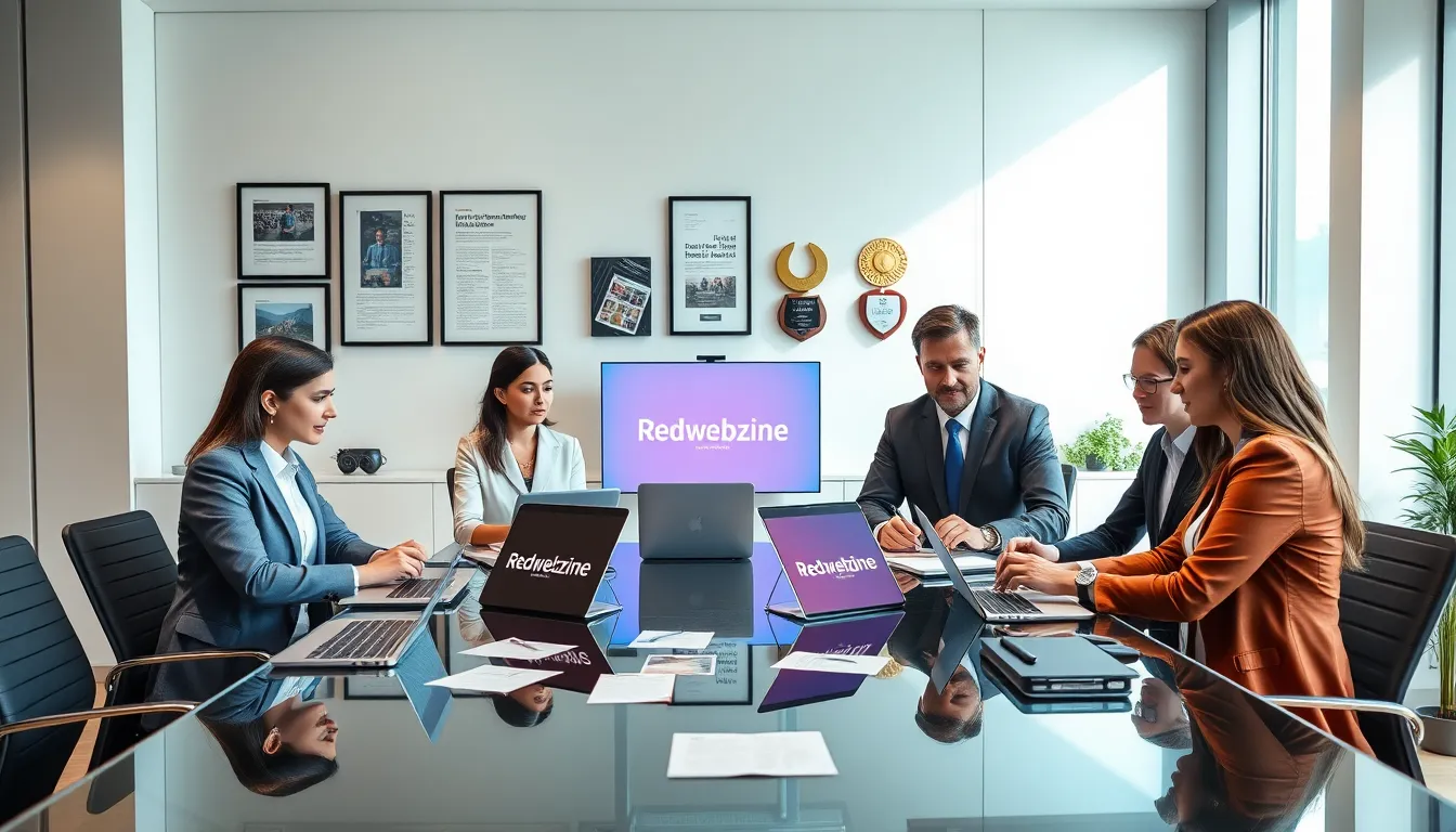 diverse journalists collaborating in a modern office setting.