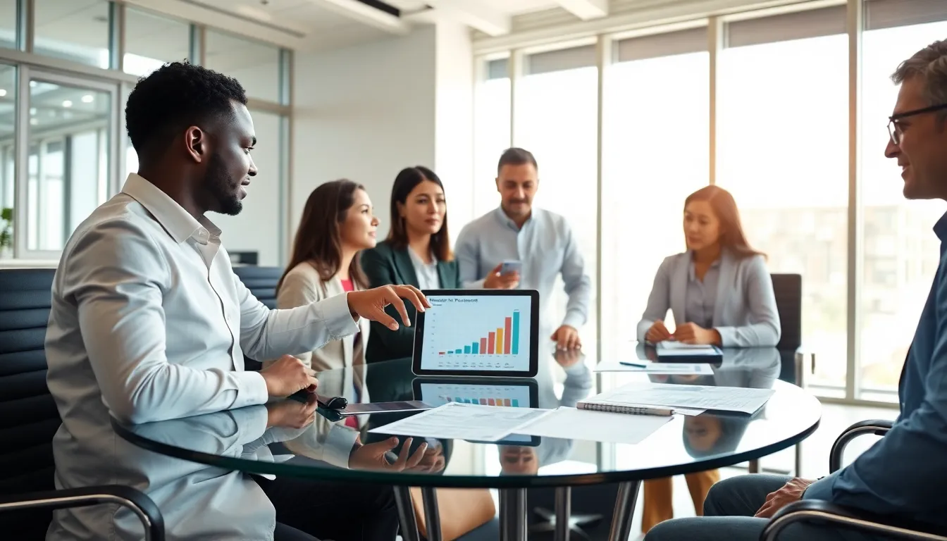 diverse professionals discussing vehicle down payments in a modern office.