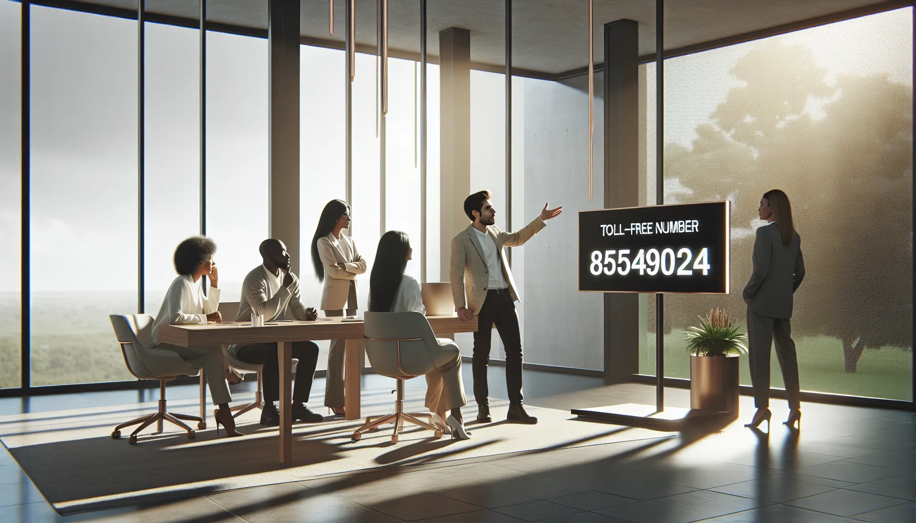 professionals discussing a toll-free number in a modern office.