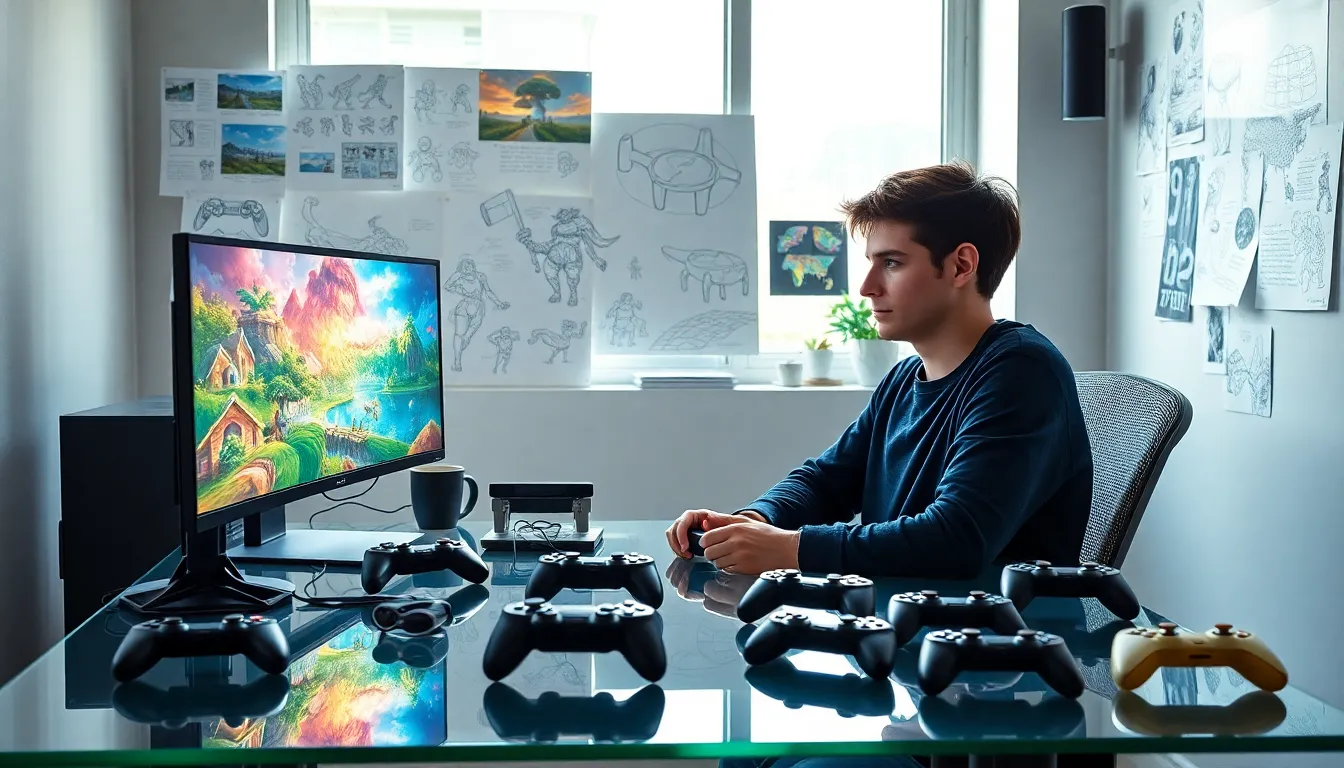 young game developer working in a modern creative space.