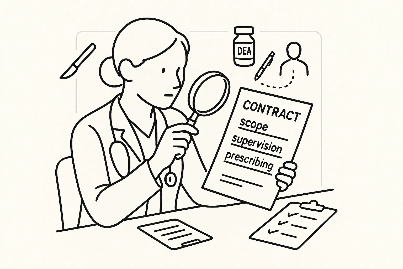 A PA examining a contract with magnifying glass and small medical icons of Questions to Ask Before Signing A Physician Assistant Contract.