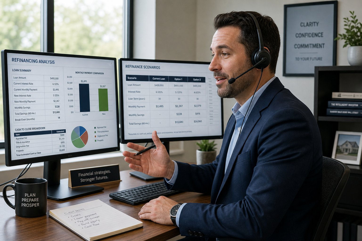 Commercial mortgage advisor handling a refinancing consultation at a modern office workstation.