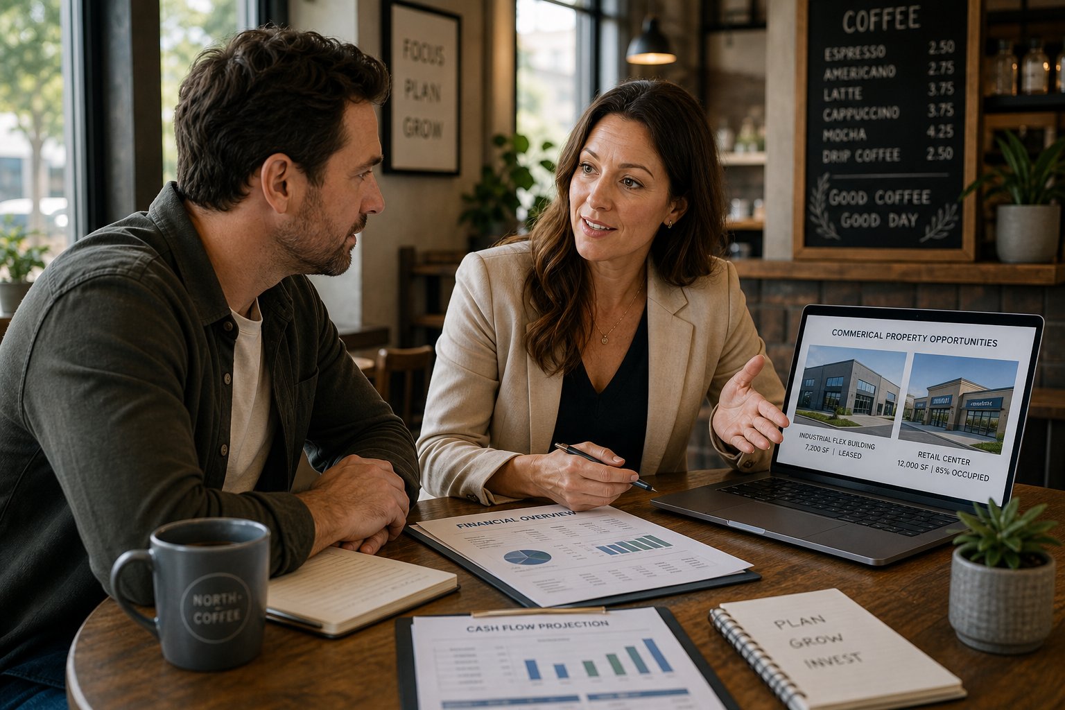 Business owner and finance professional discussing a commercial mortgage in a quiet caf&eacute;-style meeting space with laptop and documents.