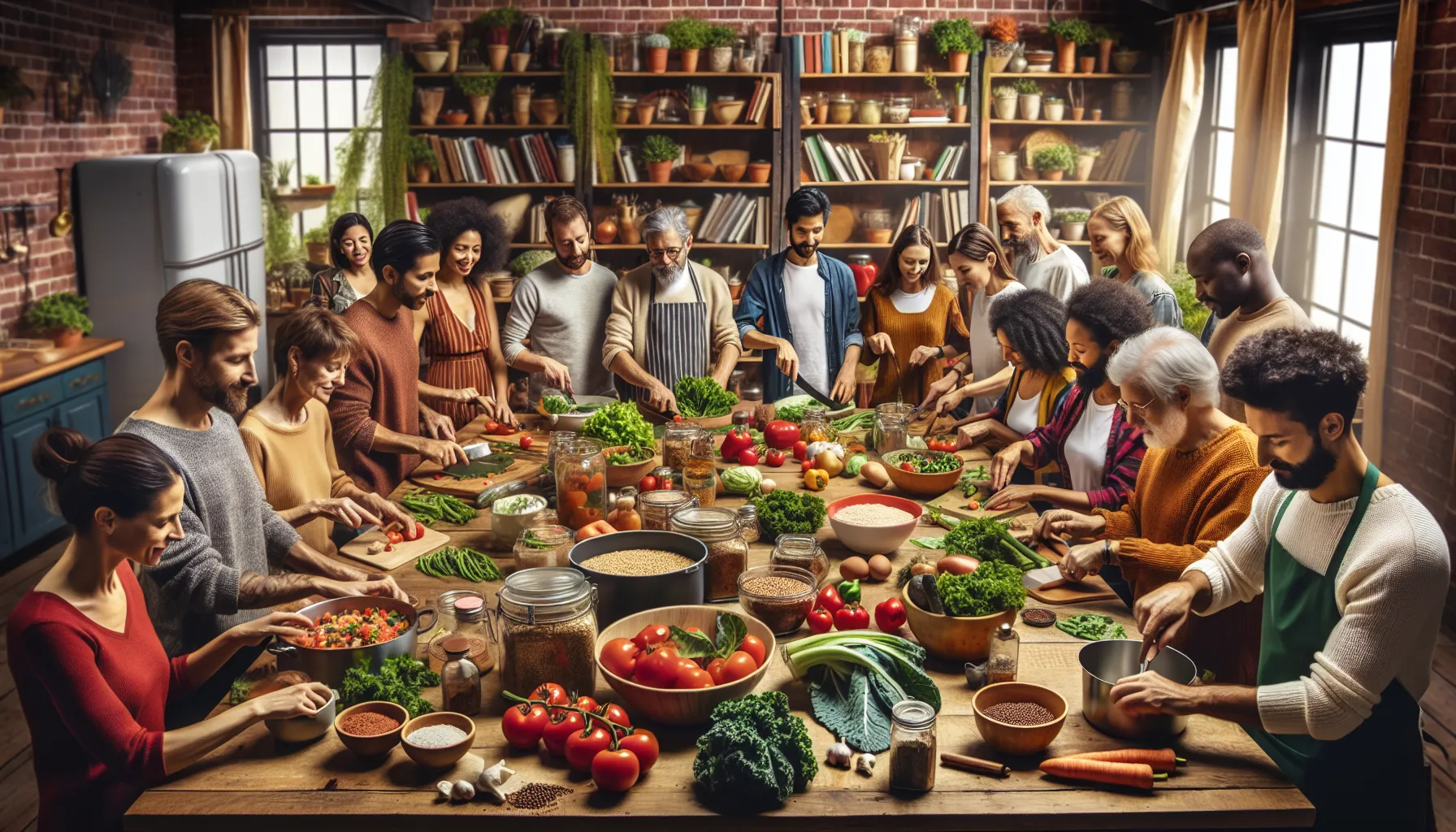 People preparing a vibrant plant-based meal together in a friendly kitchen setting.
