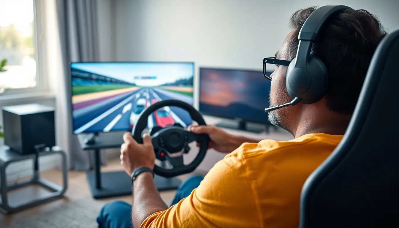 gamer using a PlayStation 4 steering wheel in a dynamic gaming setup.