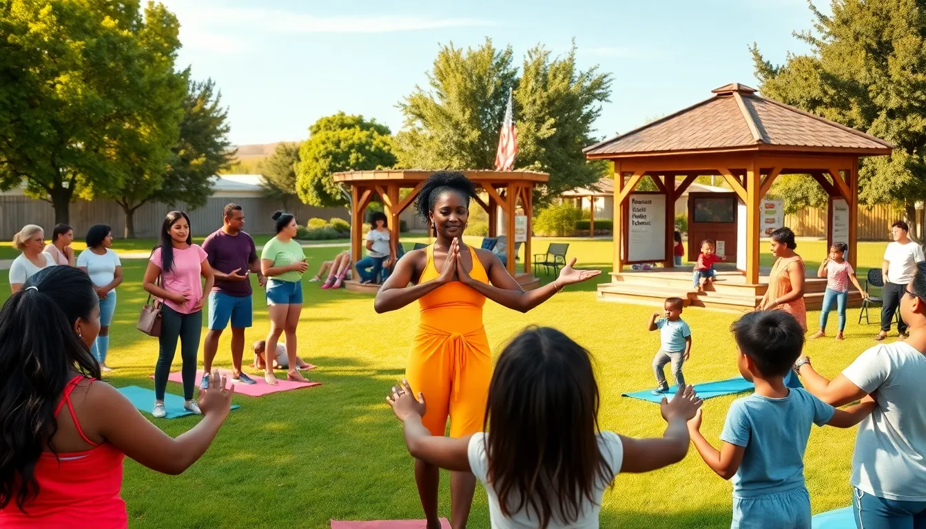 a diverse community participating in wellness activities at a vibrant outdoor center.