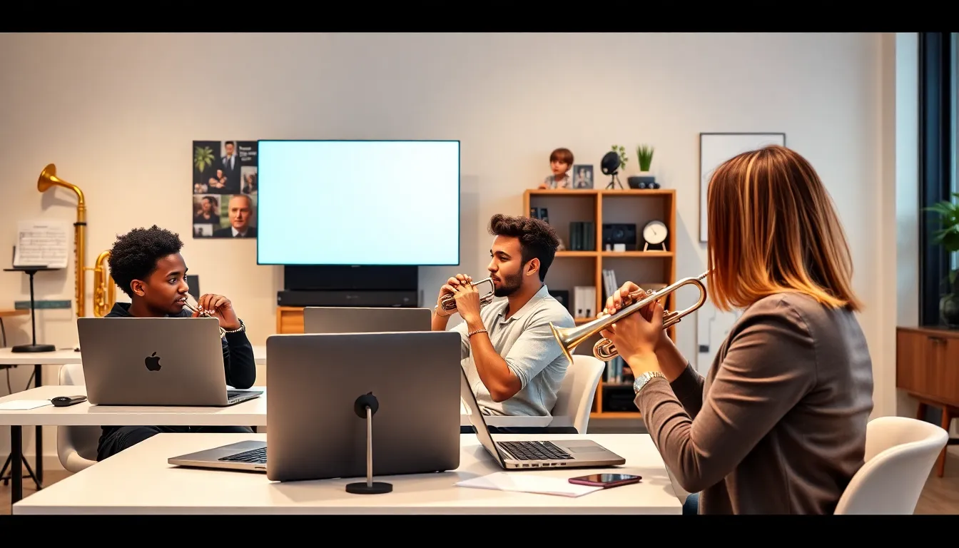 students participating in online trumpet lessons in modern settings.