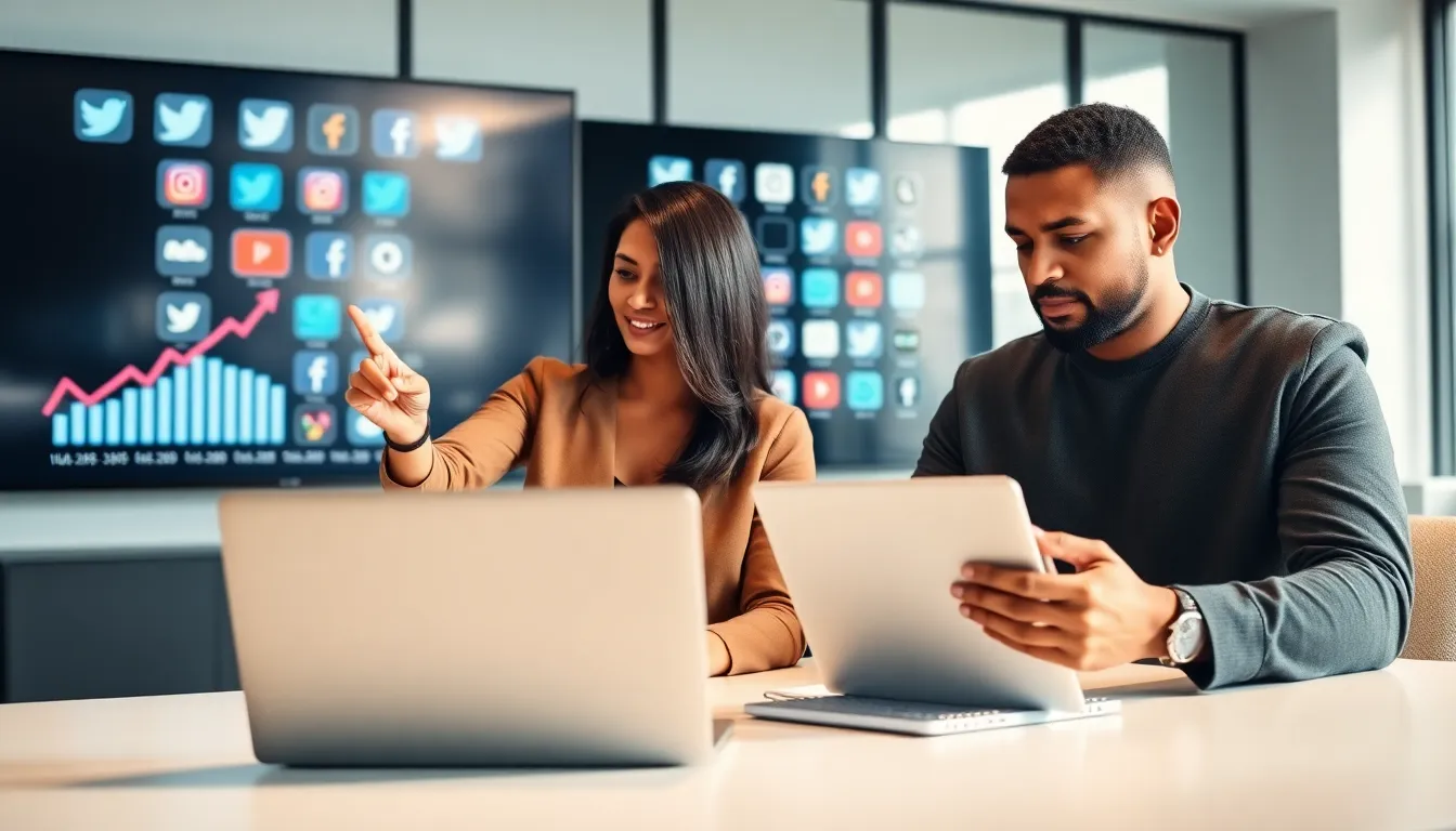 professionals analyzing social media engagement metrics in a modern office.