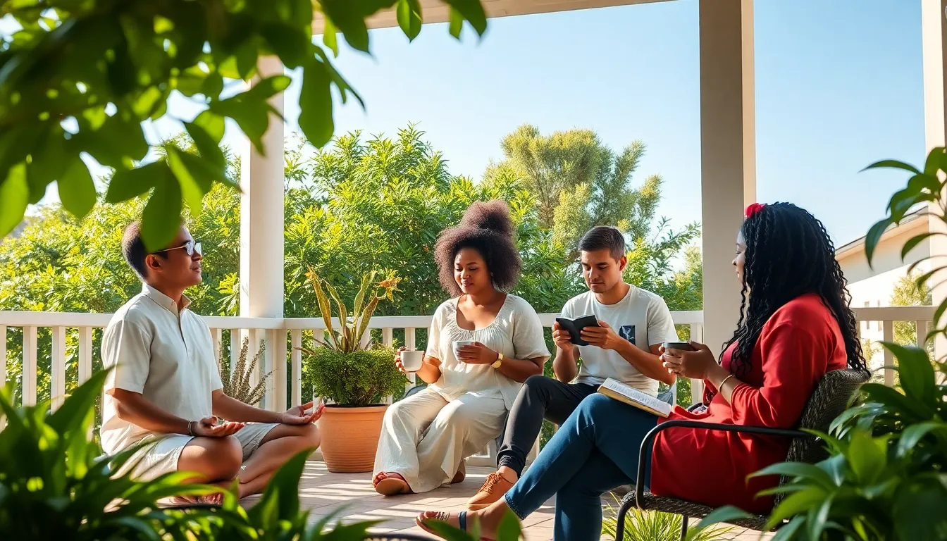 diverse individuals reflecting peacefully on a sunny patio