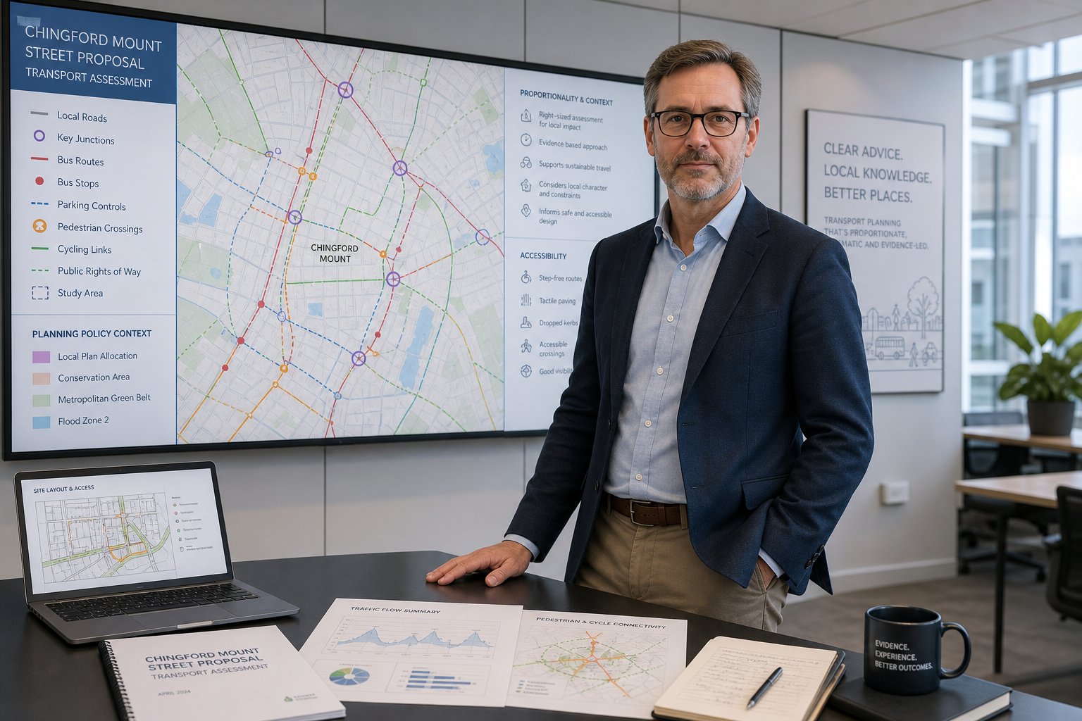 Traffic engineer reviewing local road planning data in a modern office.