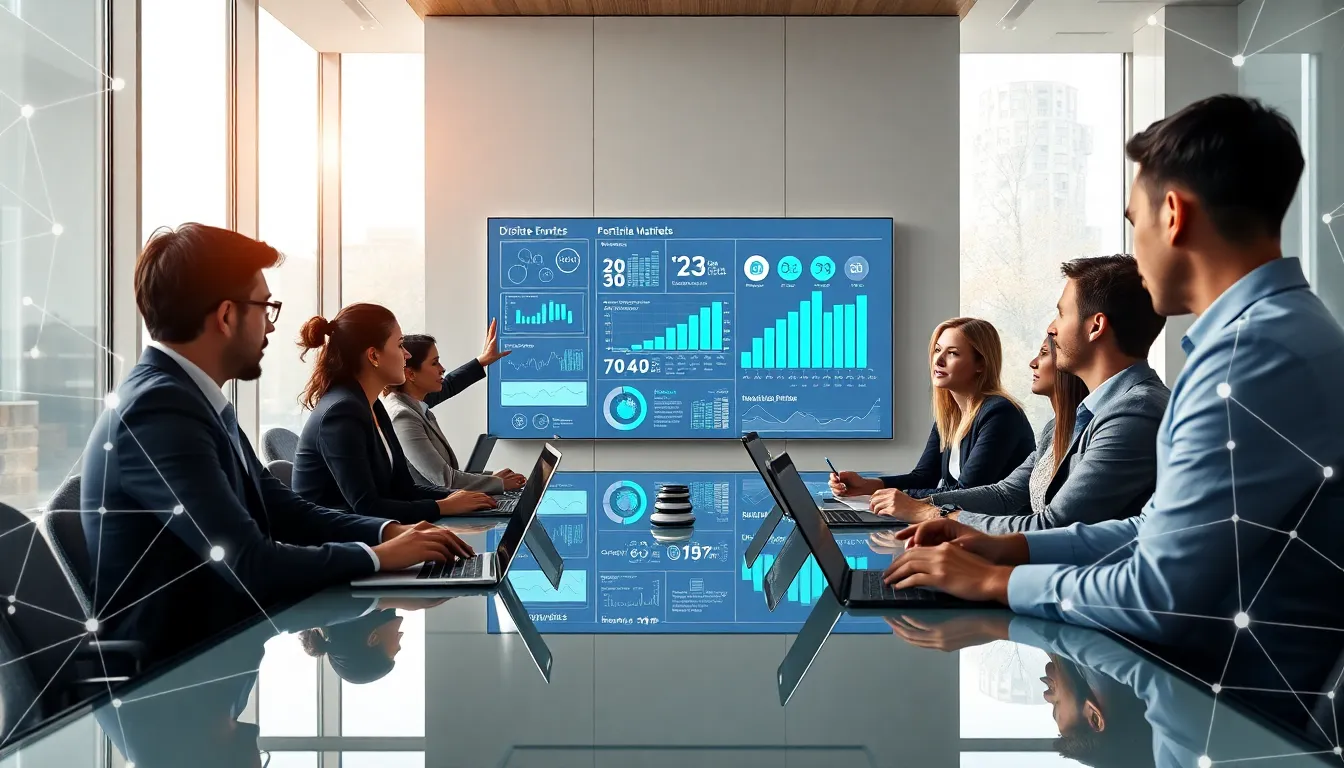 professionals collaborating on digital innovation strategies in a modern office.