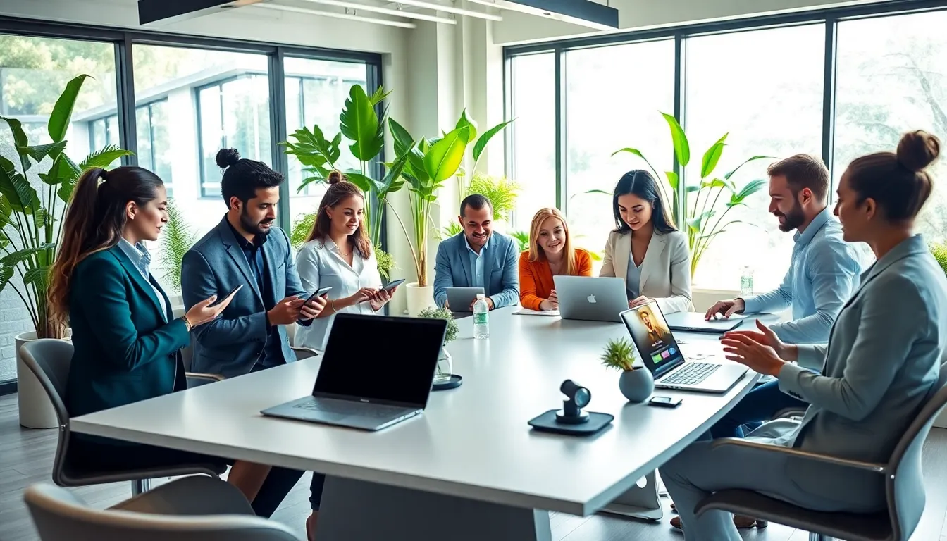 diverse team discussing sustainable living innovations in a modern office.