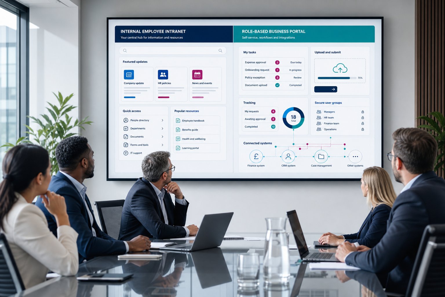 Professionals comparing intranet and portal systems in a modern office.