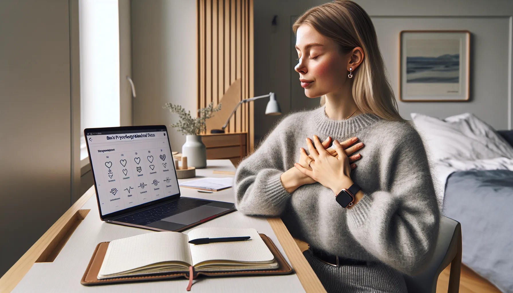 Woman practices breathing while watching a free online stress course at home.