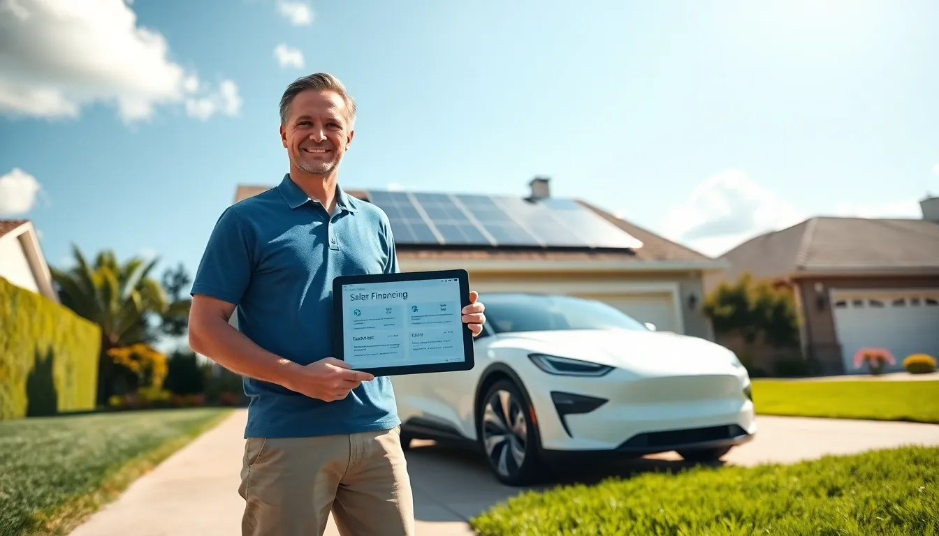 A man stands next to his home’s solar panels, discussing financing options.