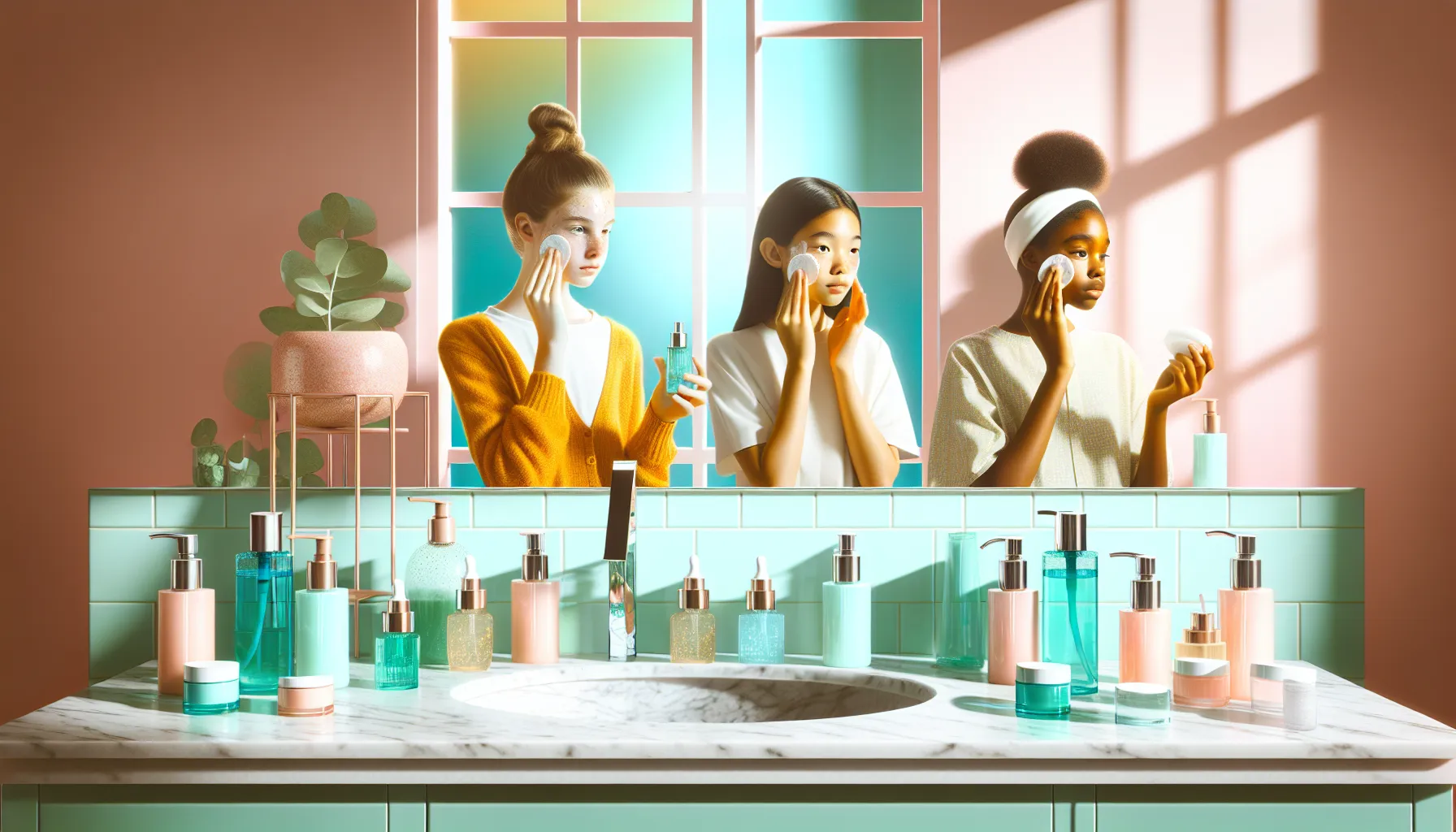 diverse teens demonstrating a skincare routine in a bright bathroom.
