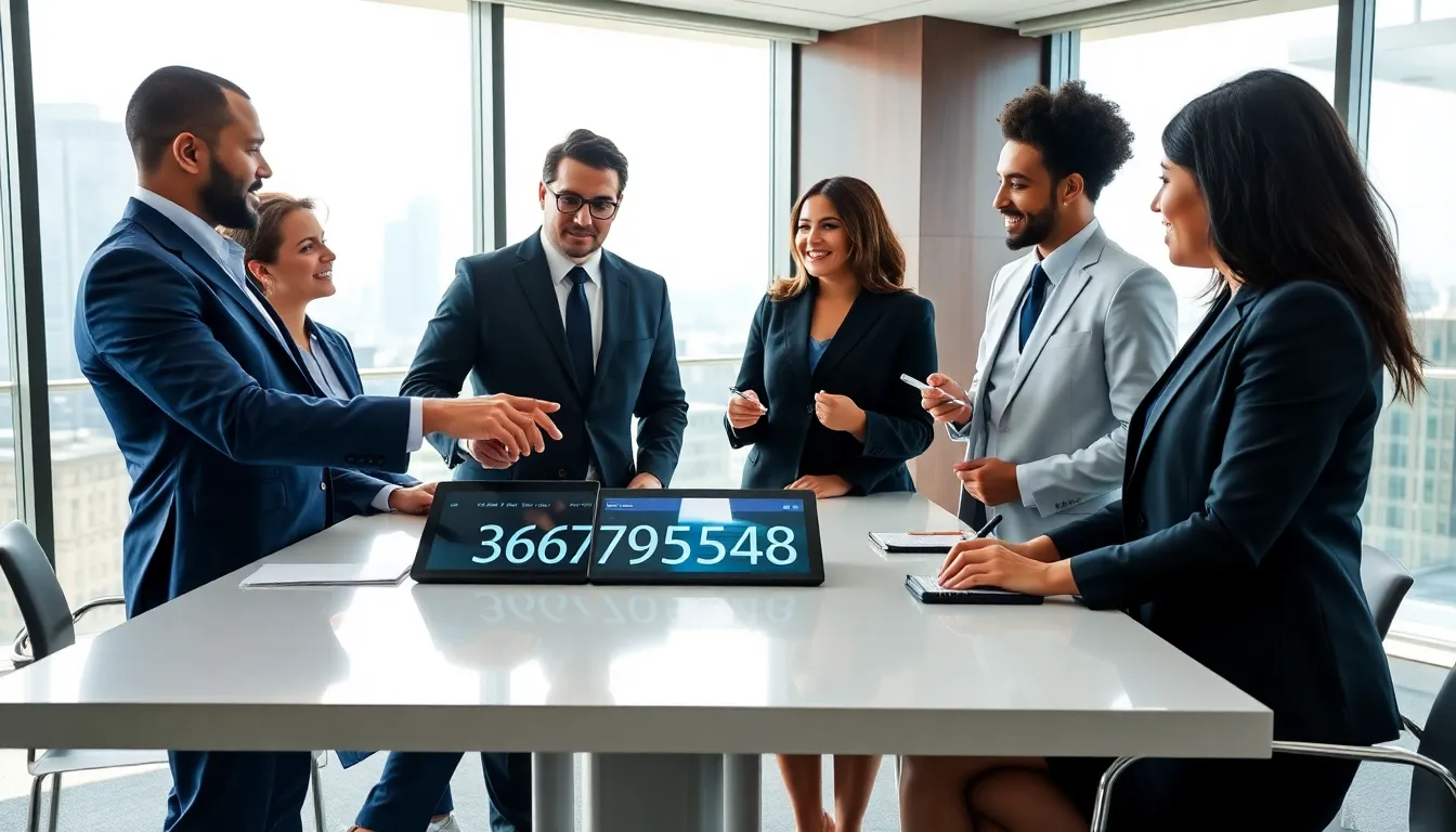 business professionals discussing the significance of 3667095548 in a modern office.