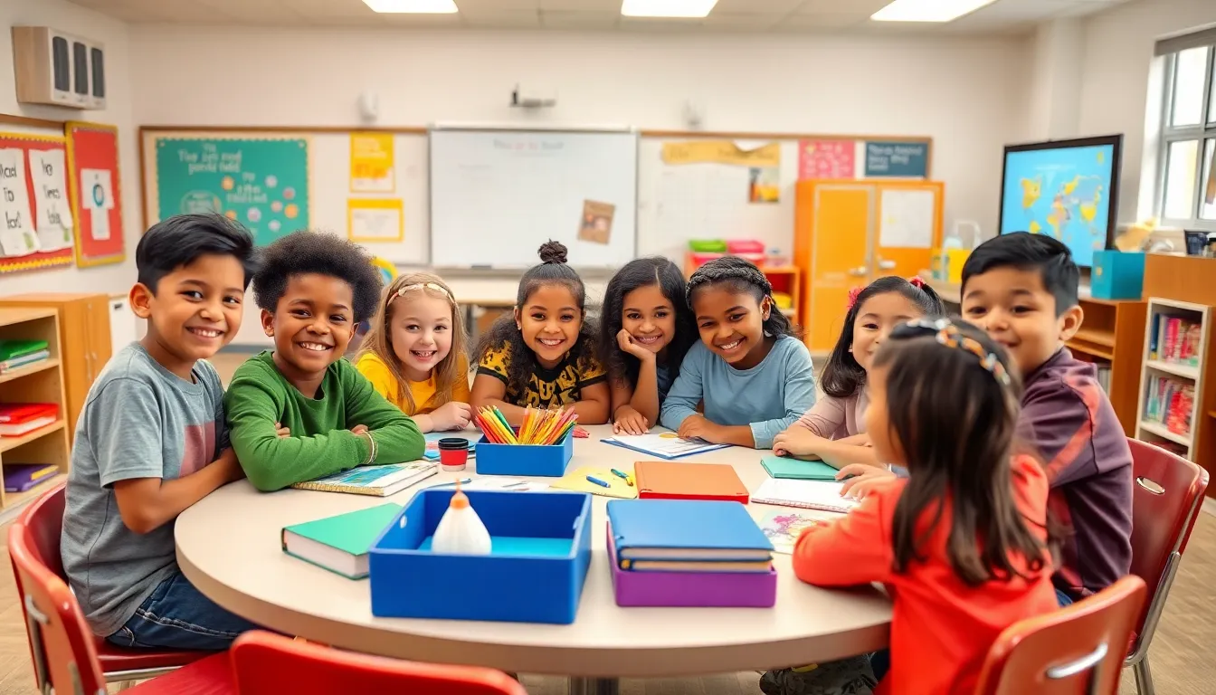 diverse kids collaborating in a vibrant elementary school classroom.
