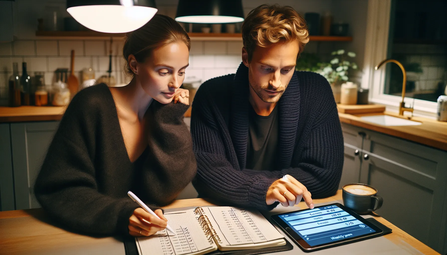 Norwegian parents planning a family budget with a tablet at dusk.