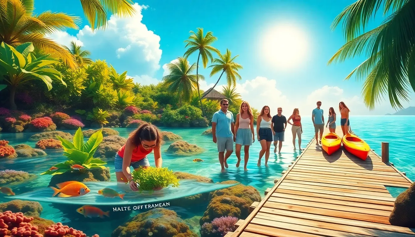 diverse group enjoying activities on a vibrant coral island.