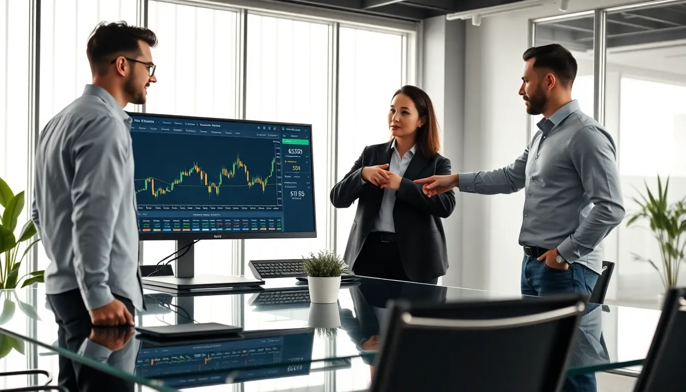 professionals discussing cryptocurrency in a modern office.